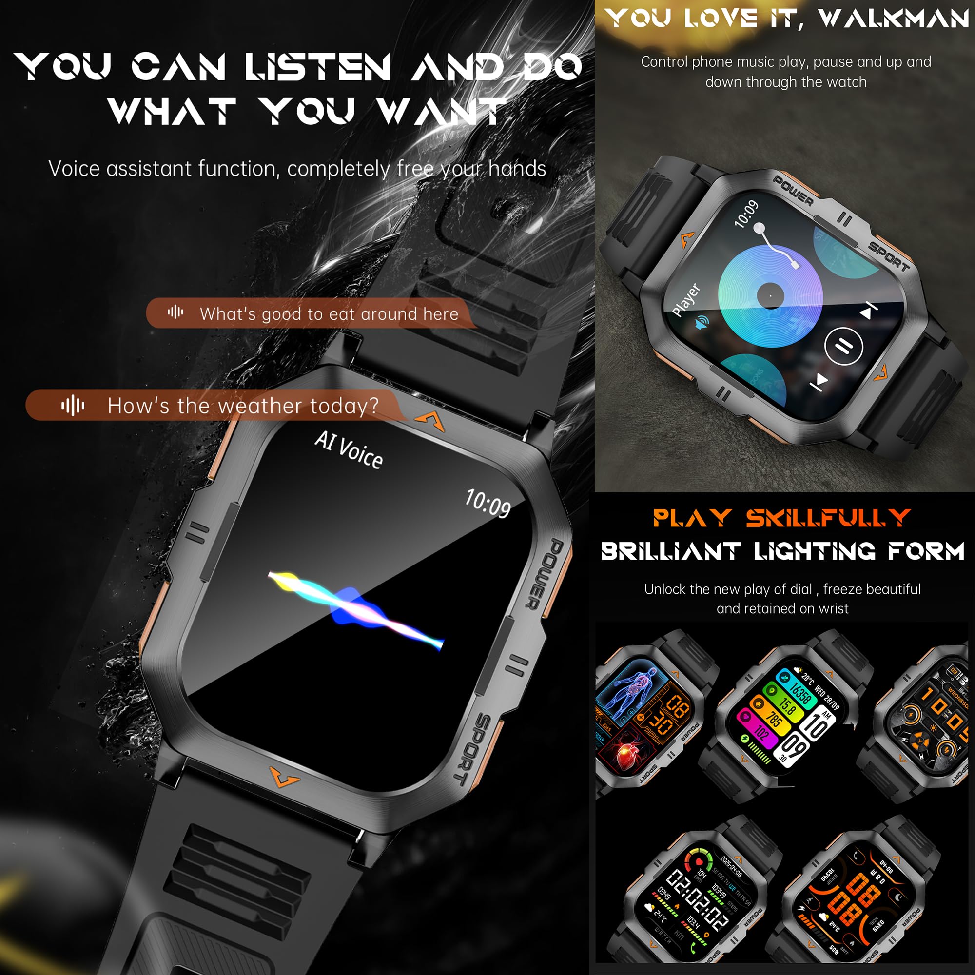 2,01" AMOLED Smartwatch Herren mit Telefonfunktion, 430mAh Batterie, Sportuhr mit Bluetooth Anrufe Fitnessuhr mit Schlafmonitor Schrittzähler, 5ATM Wasserdicht Smart Watch für iOS Android (Schwarz)