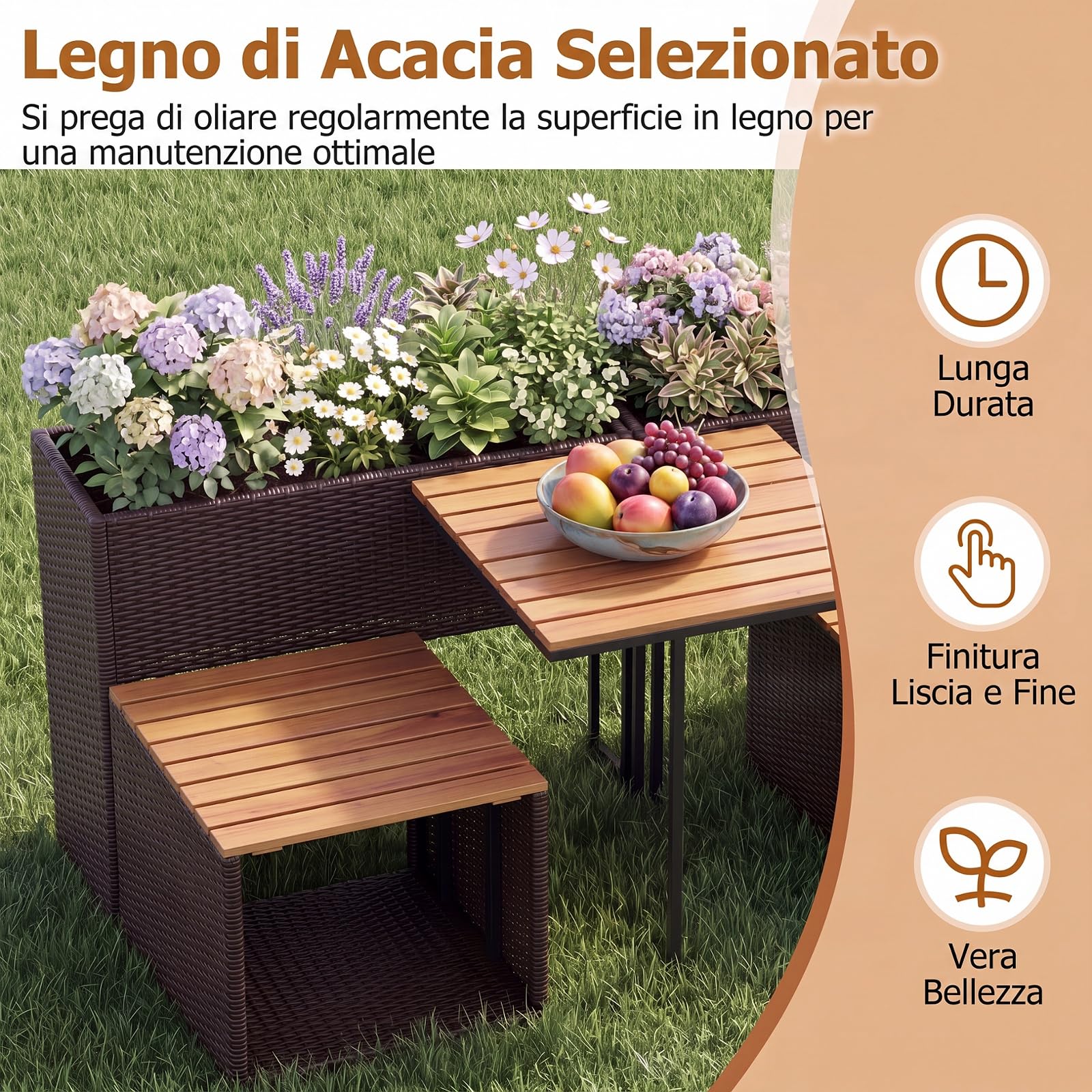 SOARS Salotto da Giardino Esterno con Tavolino, 2 Sedie, Fioriera (Marrone) | Set Mobili da Giardino in Rattan con Vano Portaoggetti e Fioriera Rialzata per Giardino, Balcone e Bordo Piscina