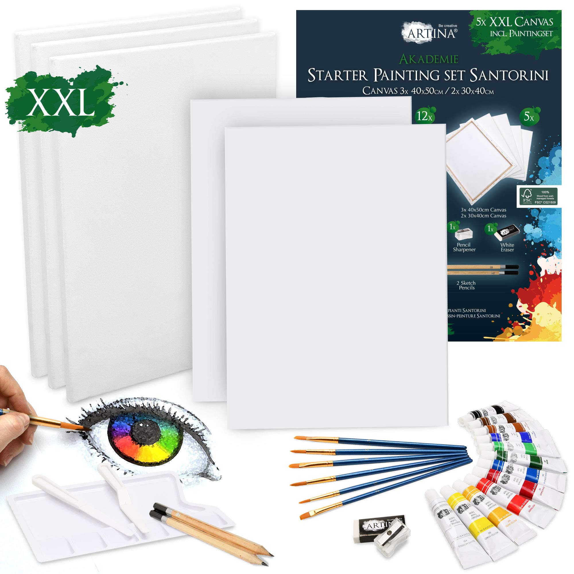 Artina – Kit de pintura 30 piezas con caballete de madera Barcelona + bastidores set Santorini – Set de acrílicos, pinceles y lienzos hasta 120cm, para iniciación y artistas aficionados