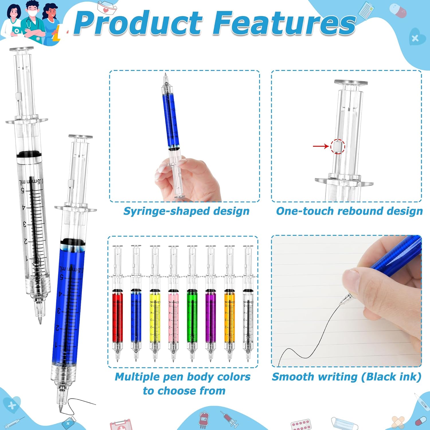 200 PCS Nurse Week Gifts Bulk, Unique Injection Pens for Nurses, Retractable Black Ink Nurse Pens, Funny Syringe Pens, Nursing Appreciation Gifts for Pharmacy Technician Student Party Favor