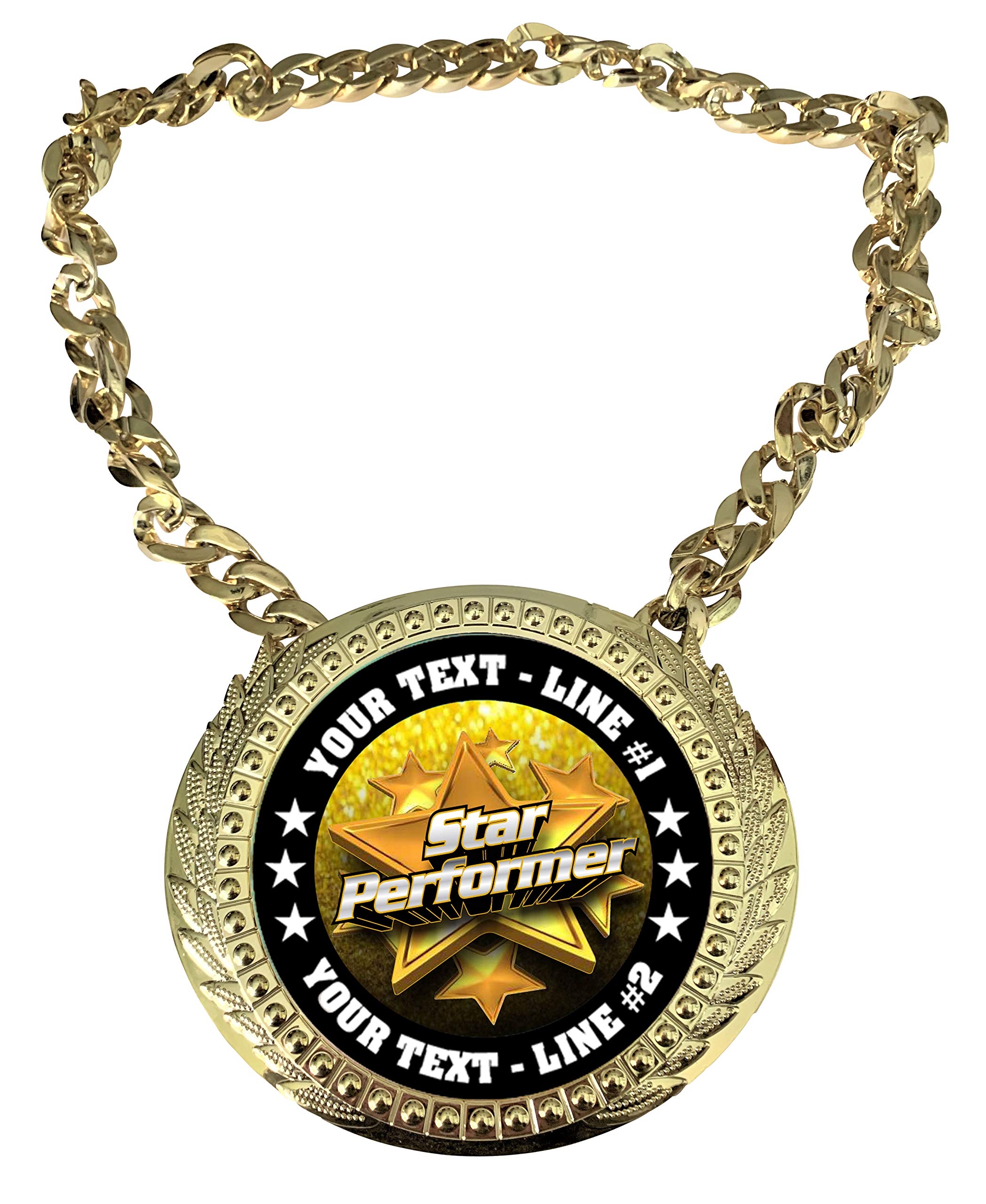 Express Medals Custom Star Performer Champ Chain Trophy with 2 Lines of Personalized Text on a Large Rigid Plastic Award Medal and 34 Inch Long Gold Color Neck Chain. FCL551