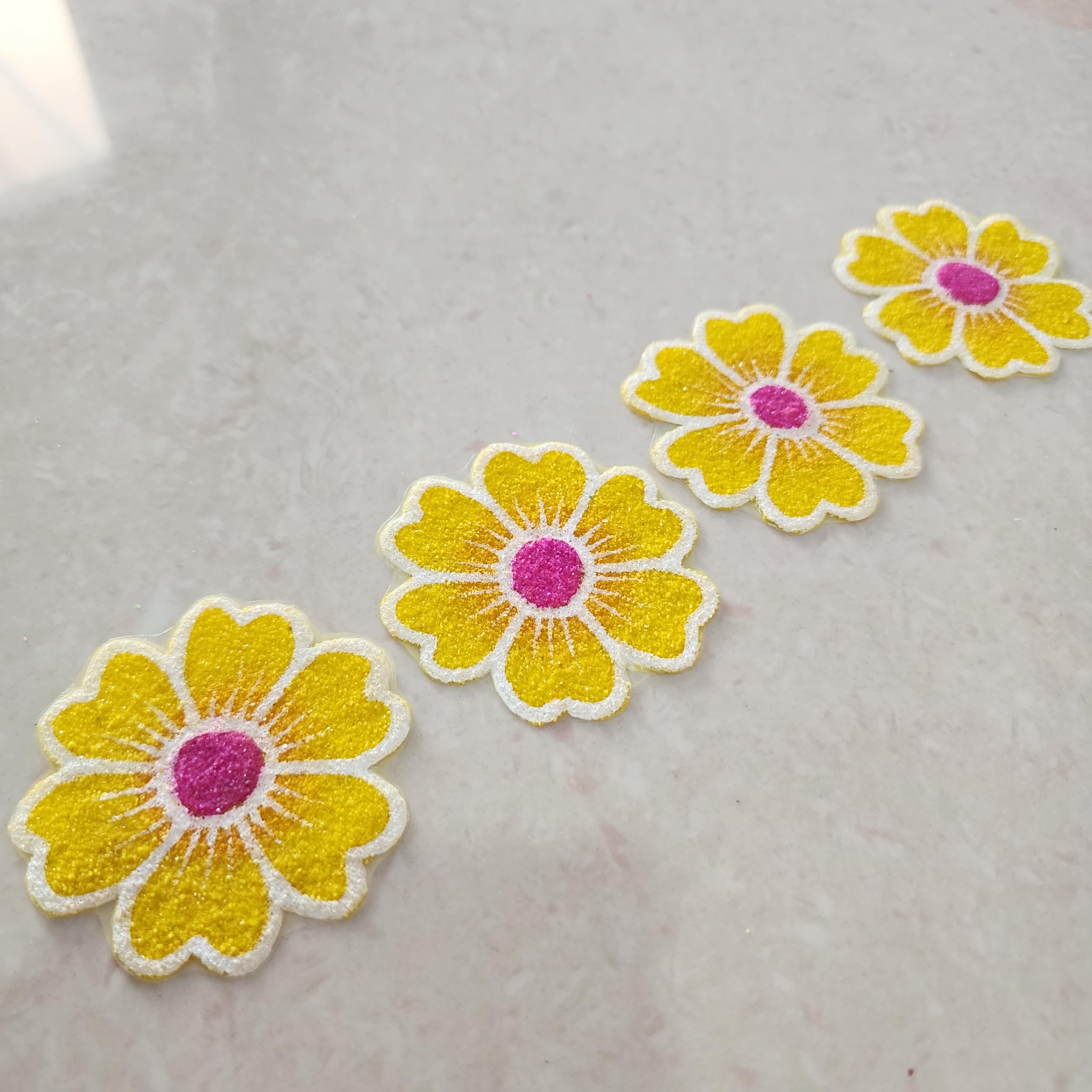 Ready Rangoli Yellow Heart Flower Ready Rangoli Set | Reusable Mini Floral Rangoli for Diwali Decoration, Pooja, Entrance & Border Design | Handmade Decorative Floor Rangoli (Set of 4 Pieces)-image-3