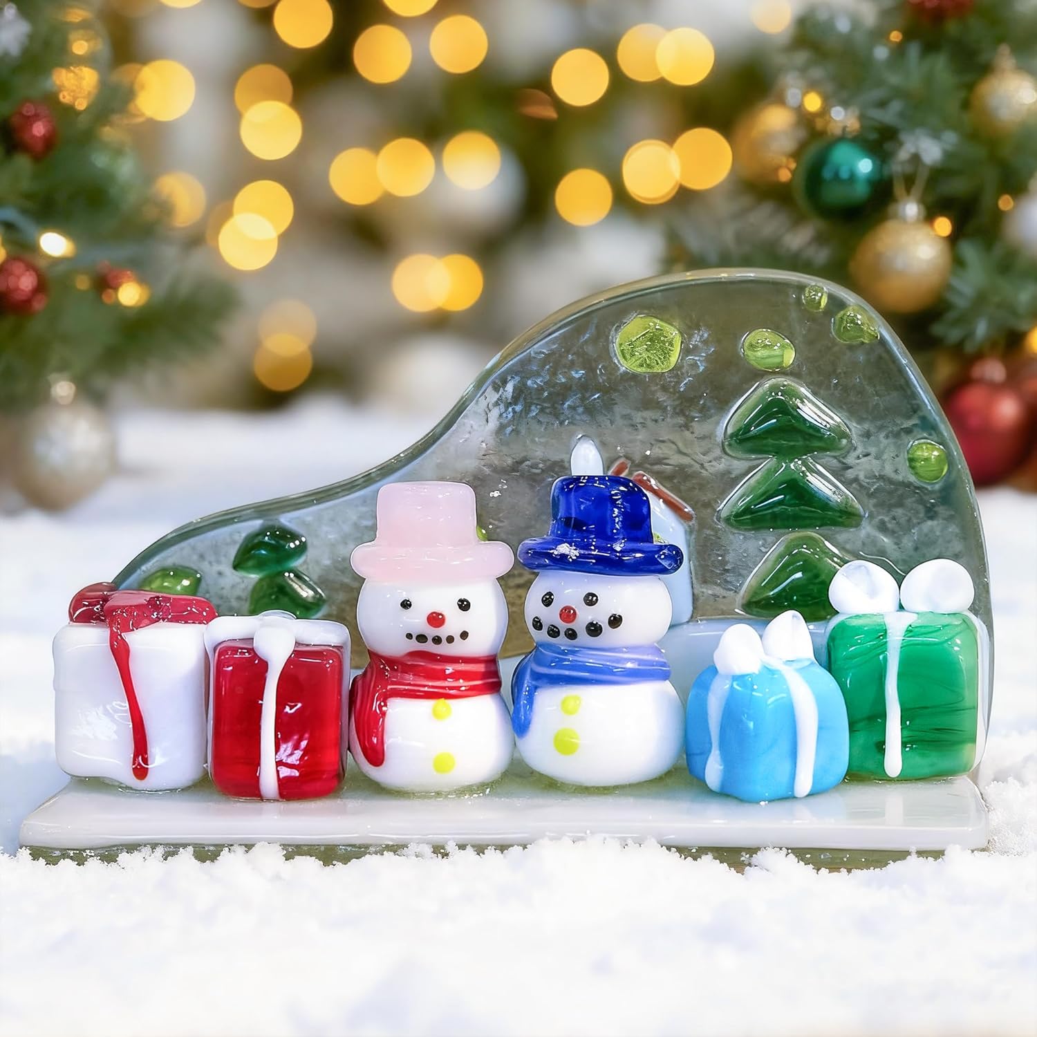 Christmas Snowman Figurine Blown Glass Christmas Figurine Xmas Snowman Ornaments with Gift Box Ha...