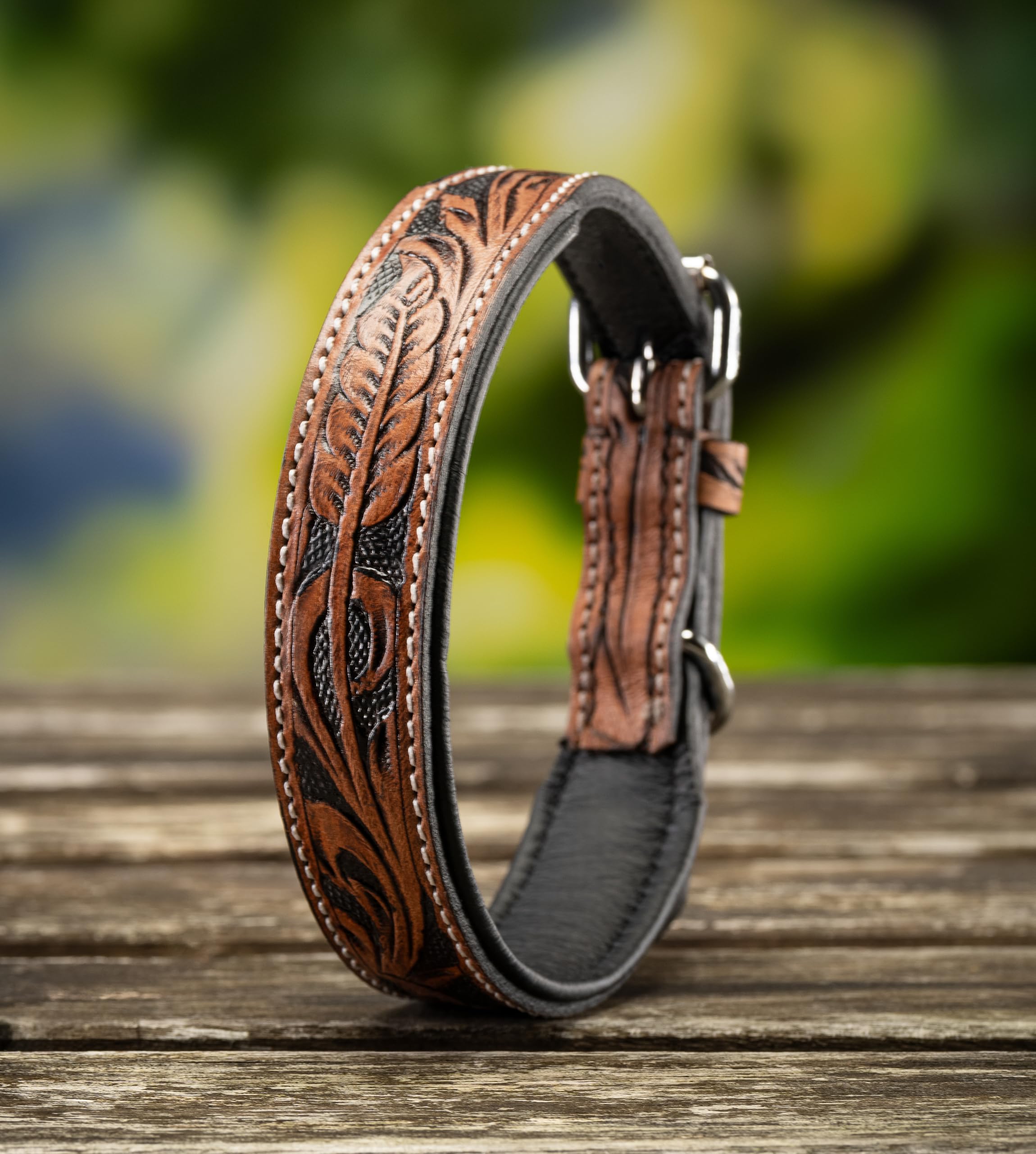 Collare Per Cani Jack & Russell In Pelle Di Bufalo - Intagliato A Mano, Taglia L (40-49.5cm) - Foto 7