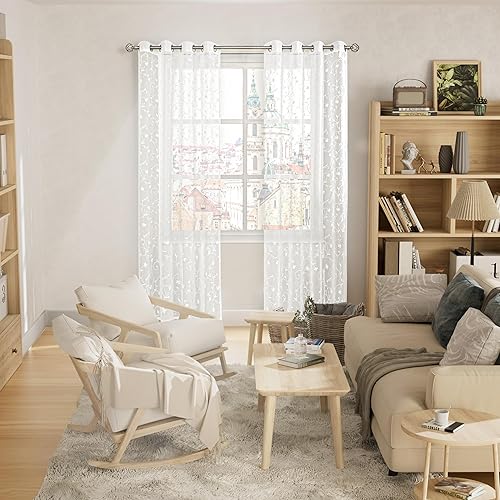 Miniatura 9 de BGment Cortinas semitraslúcidas para dormitorio de 63 pulgadas de largo, cortinas traslúcidas bordadas con patrón de hojas marrones, cortinas de