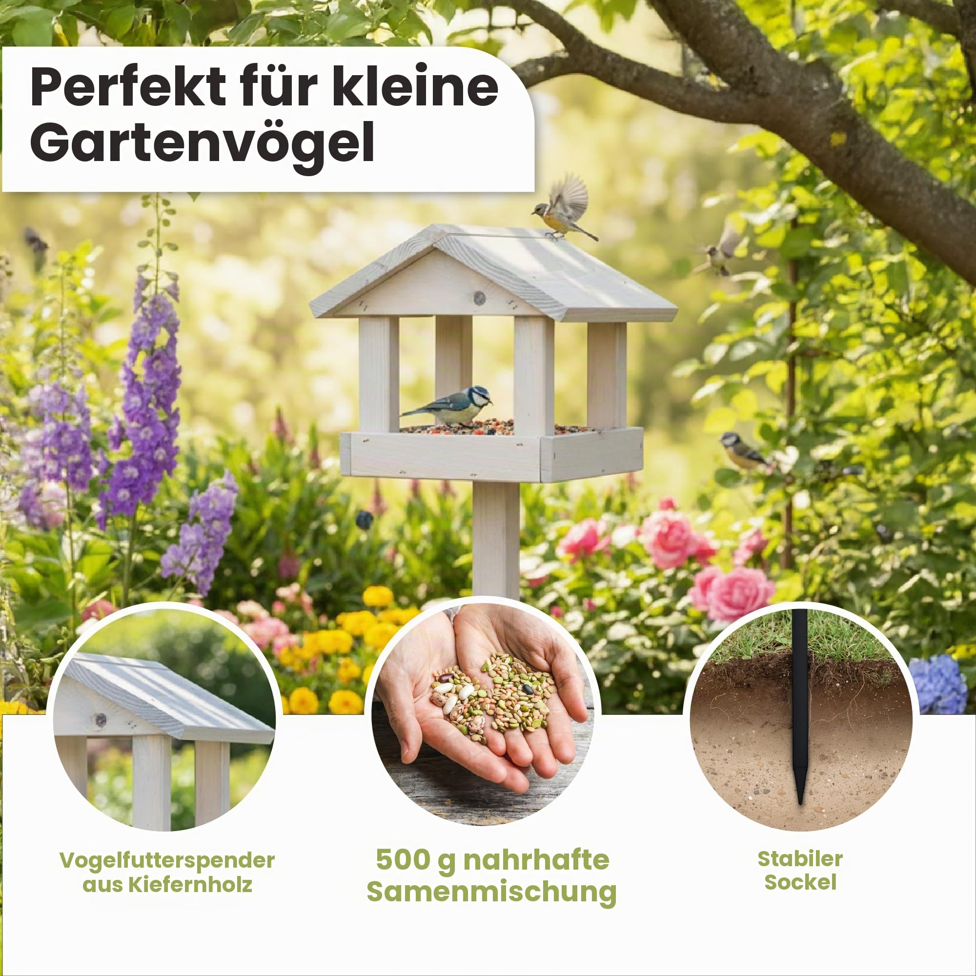 PATKAR Vogelhaus Futterhaus für Vögel mit Ständer aus Kieferholz - Vogelfutterhaus Vogelfutterstation für Singvögel Wildvögel Vogel Futterstation + 500g Futter Gratis