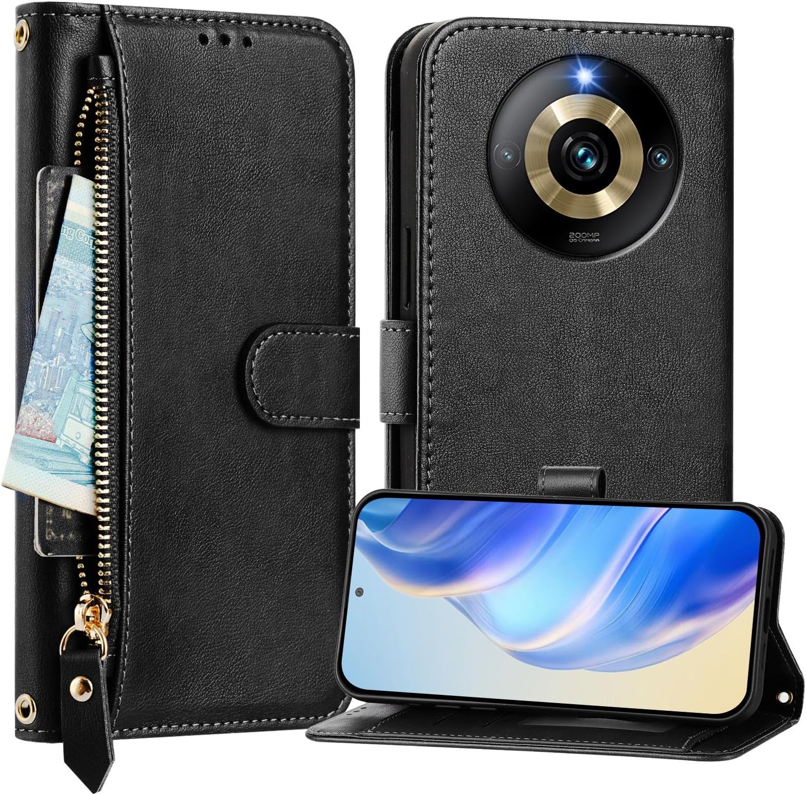 Wallet Case Compatible with Realme Narzo 60 Pro cover, PU Leather Flip Stand Magnetic Closure Phone Case with 7 Card Slots & Hand Strap, Shockproof Protection Cover for Realme Narzo 60 Pro (Black)