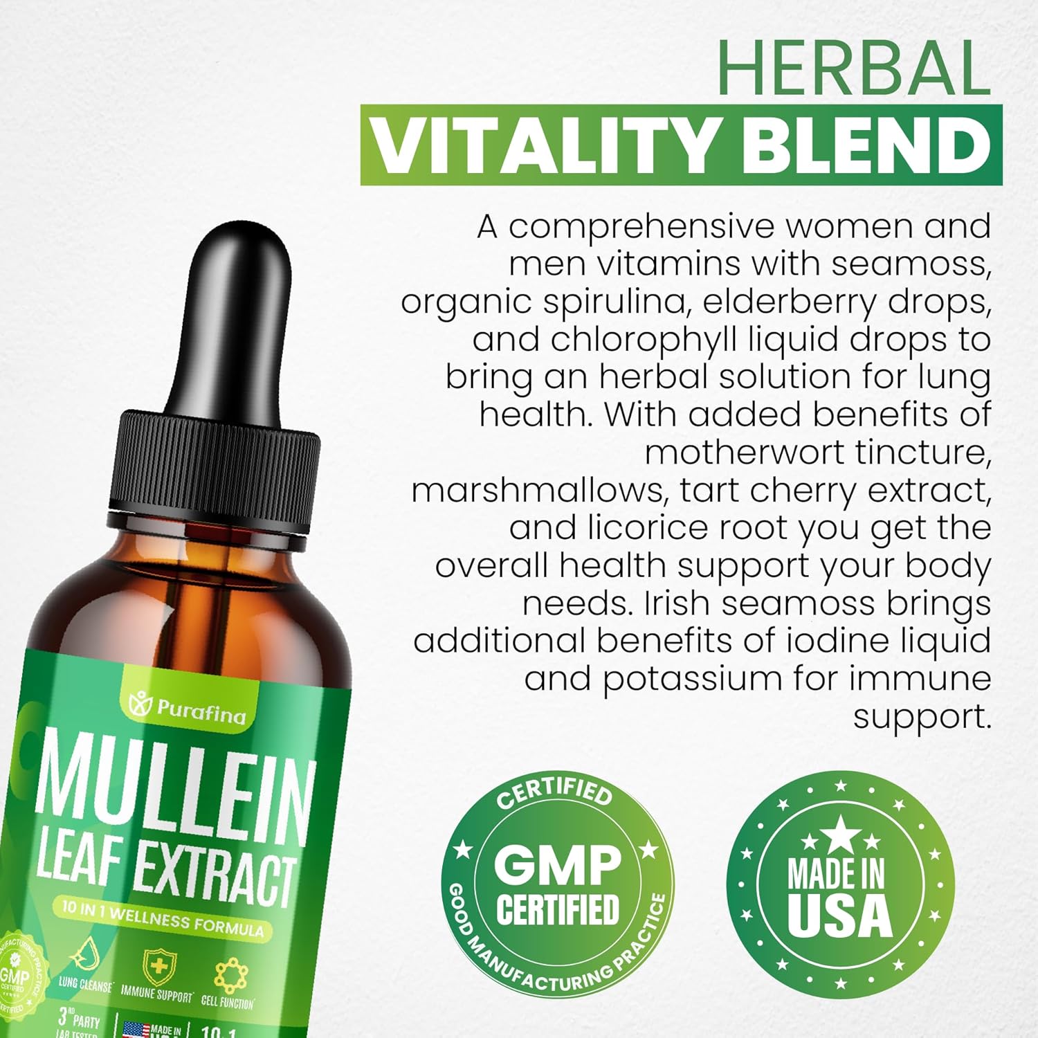 Mullein Drops For Lungs, 10-in-1 Mullein Leaf Extract for Lung Cleanse with Chrolophyll, Sea Moss, Spirulina, Elderberry Organic Respiratory Health Lung Detox - USA Made Mullin Supplement (1 Bottle) - Image 5