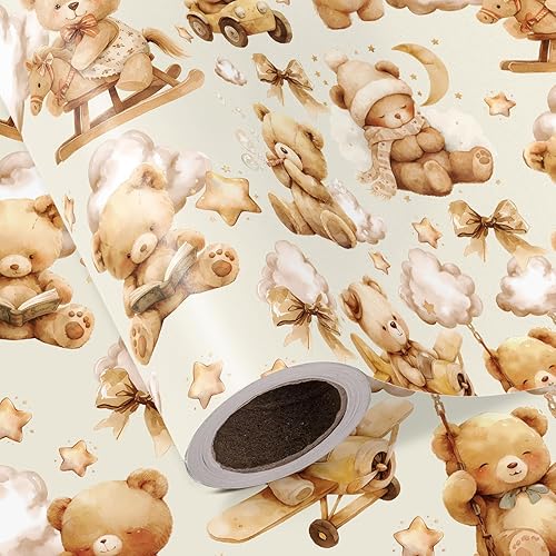 WRAPAHOLIC - Rollo de papel de regalo para baby shower con diseño de oso de peluche - Rollo mini - 17 pulgadas x 16.5 pies - Papel de regalo neutro