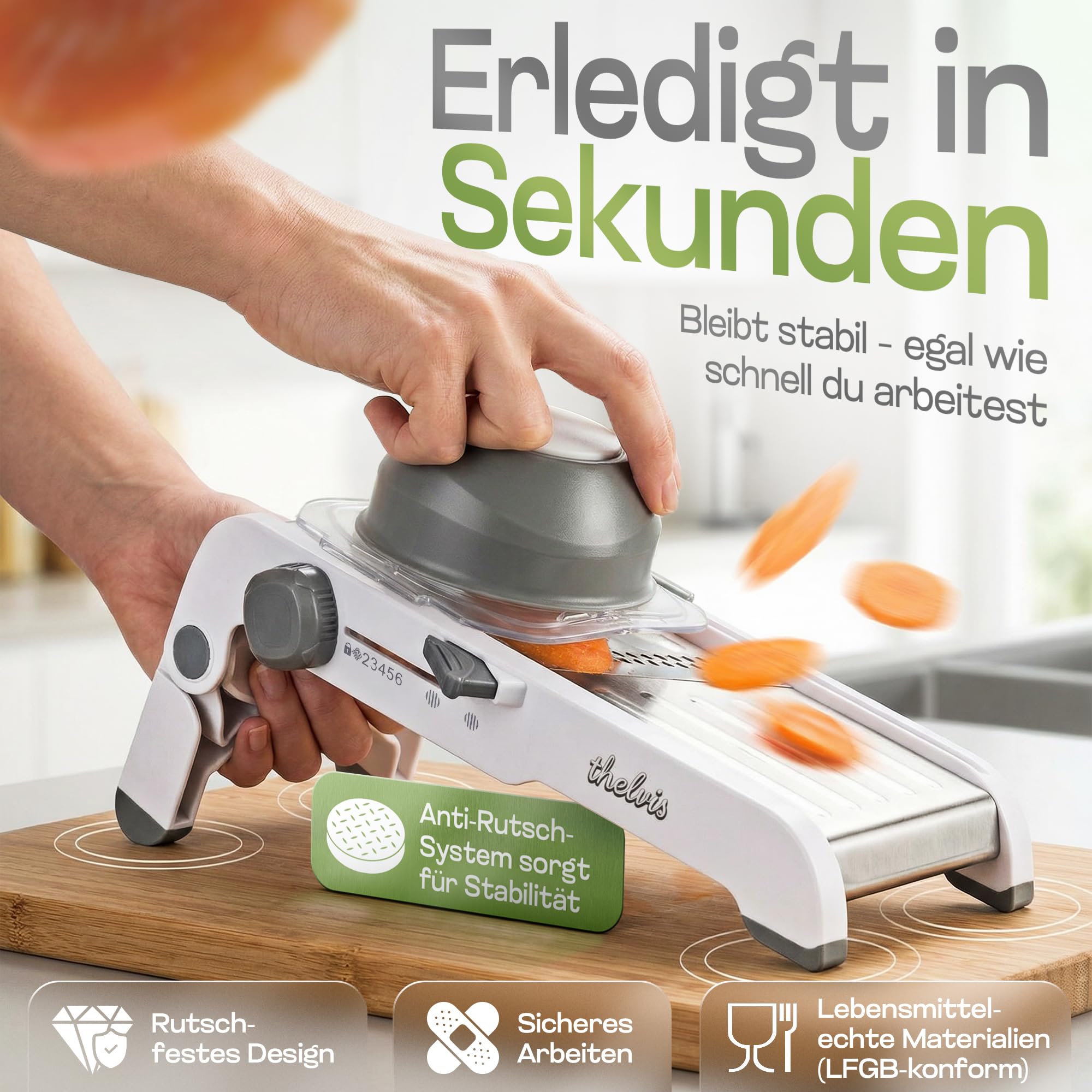 Premium Mandoline Gemüsehobel Edelstahl | kein Klingenwechsel | sicher und modern | Gemüseschneider manuell | Julienneschneider | Gurkenhobel dünne Scheiben | vegetable slicer | Küchenhobel