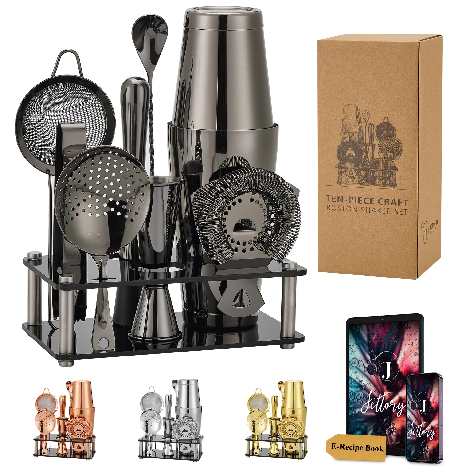Boston - Juego de 10 cocteleras de acero inoxidable con base acrílica, colador, pinzas para hielo, cuchara de bar, vaso medidor, mortero – Perfecto para el bar en casa (negro)
