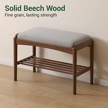 Solid Wood Shoe Bench with Storage Shelf, Upholstered Entryway Bench with Open Shoe Rack, Hallway Bench with Removable Cover for Entrance Bedroom Living Room, Beech-Walnut Tone, 60*30*42cm