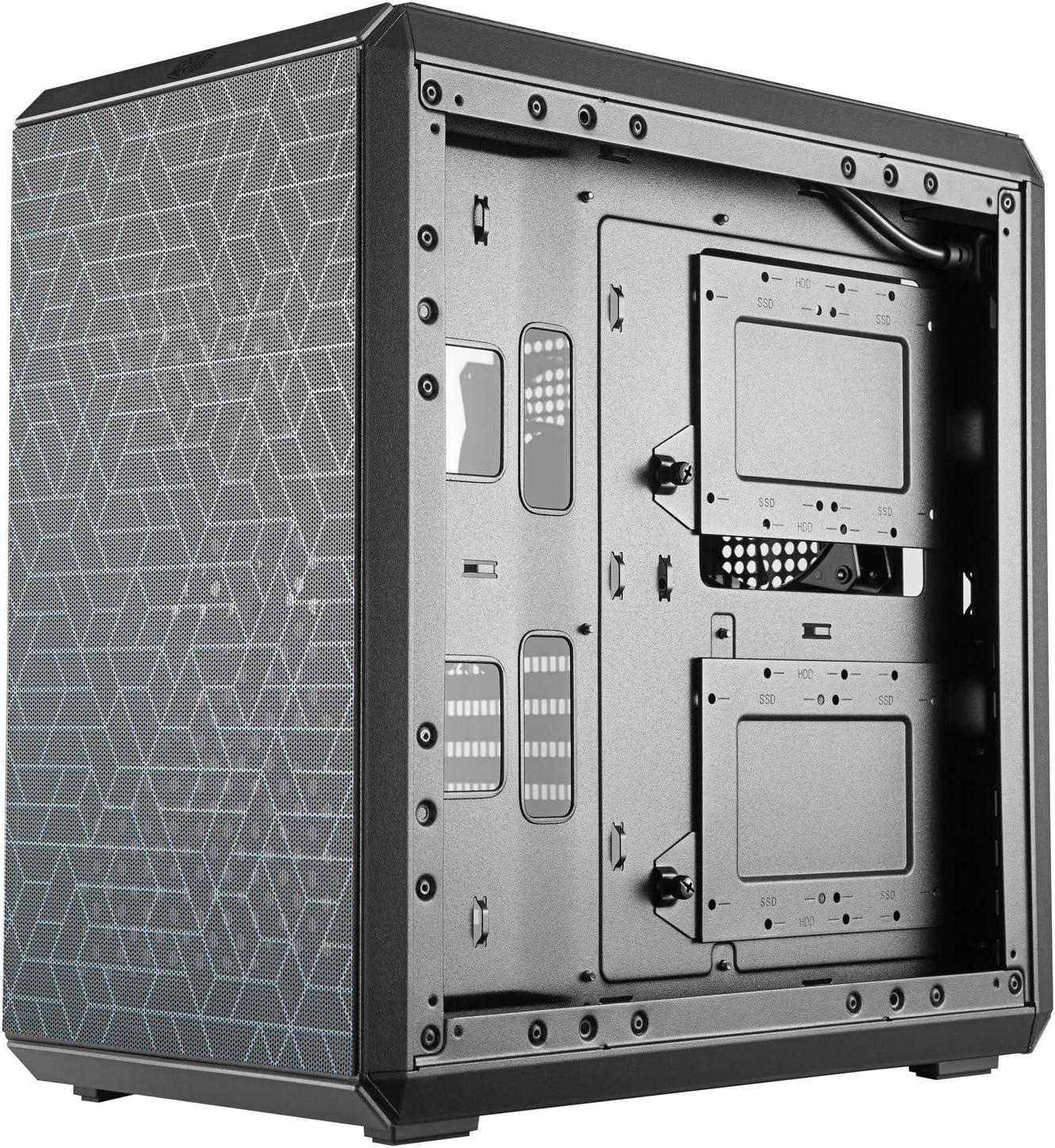Cooler Master MasterBox Q500L internal view with motherboard tray and drive mounts