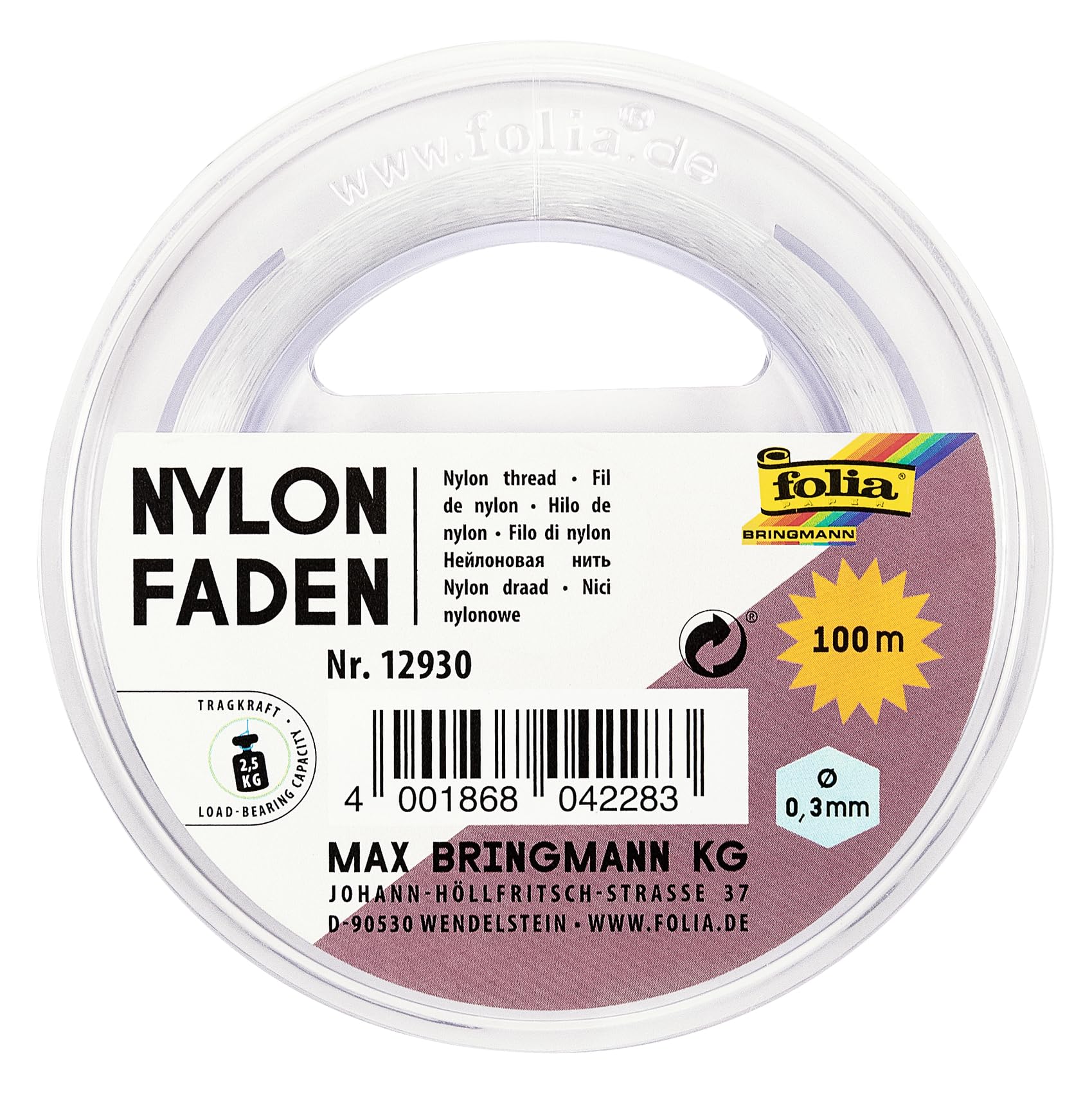 folia 12930 - Nylonfaden auf Spule, ca. 0,3 mm x 100 m, Transparent, Tragkraft 2,5 kg, kaum sichtbarer Faden für Mobiles, Schmuck, zur Dekoration usw.