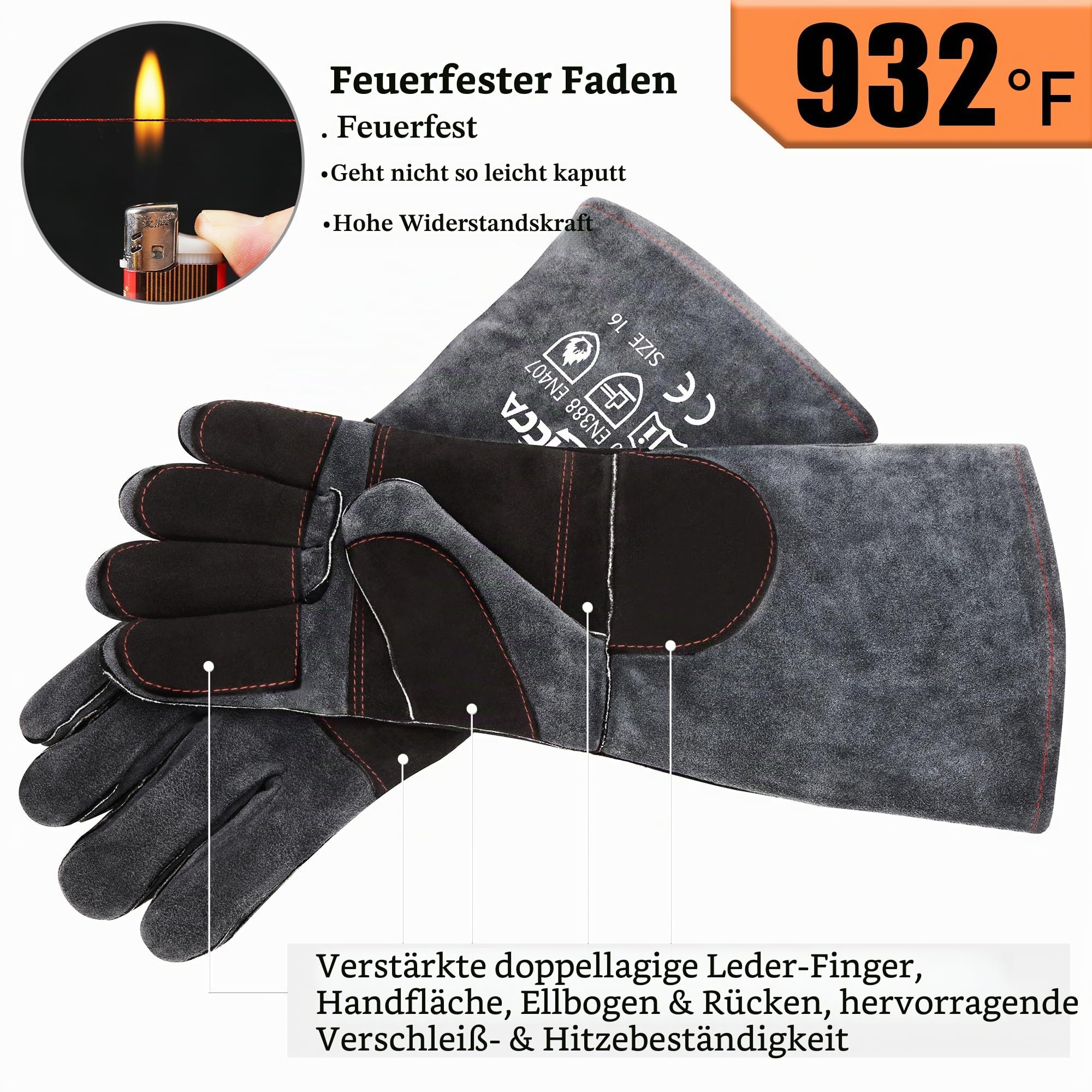 RAPICCA Schweißhandschuhe aus hitze- und feuerfestem Leder für Stick, Mig, Tig, Schmiede, Grill, Grill, Kamin, Holzofen, Ofen, Ofen, Topf Schwarz-Grau 40.6cm