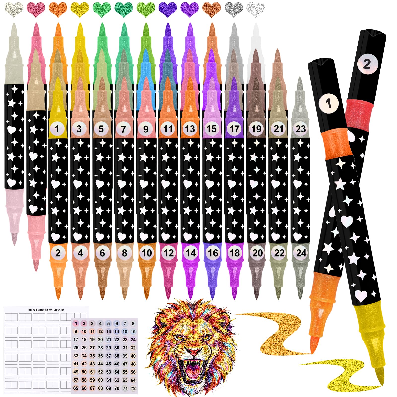 Gelanty 36‑Pack Dual‑Tip Glitter Markers, 72 Colours Metallic Sparkle Pens