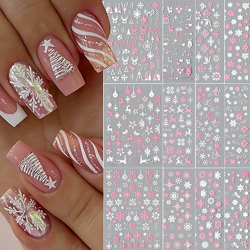12 Sheets Christmas Nail Art Stickers,5D Embossed White Pink Snowflakes