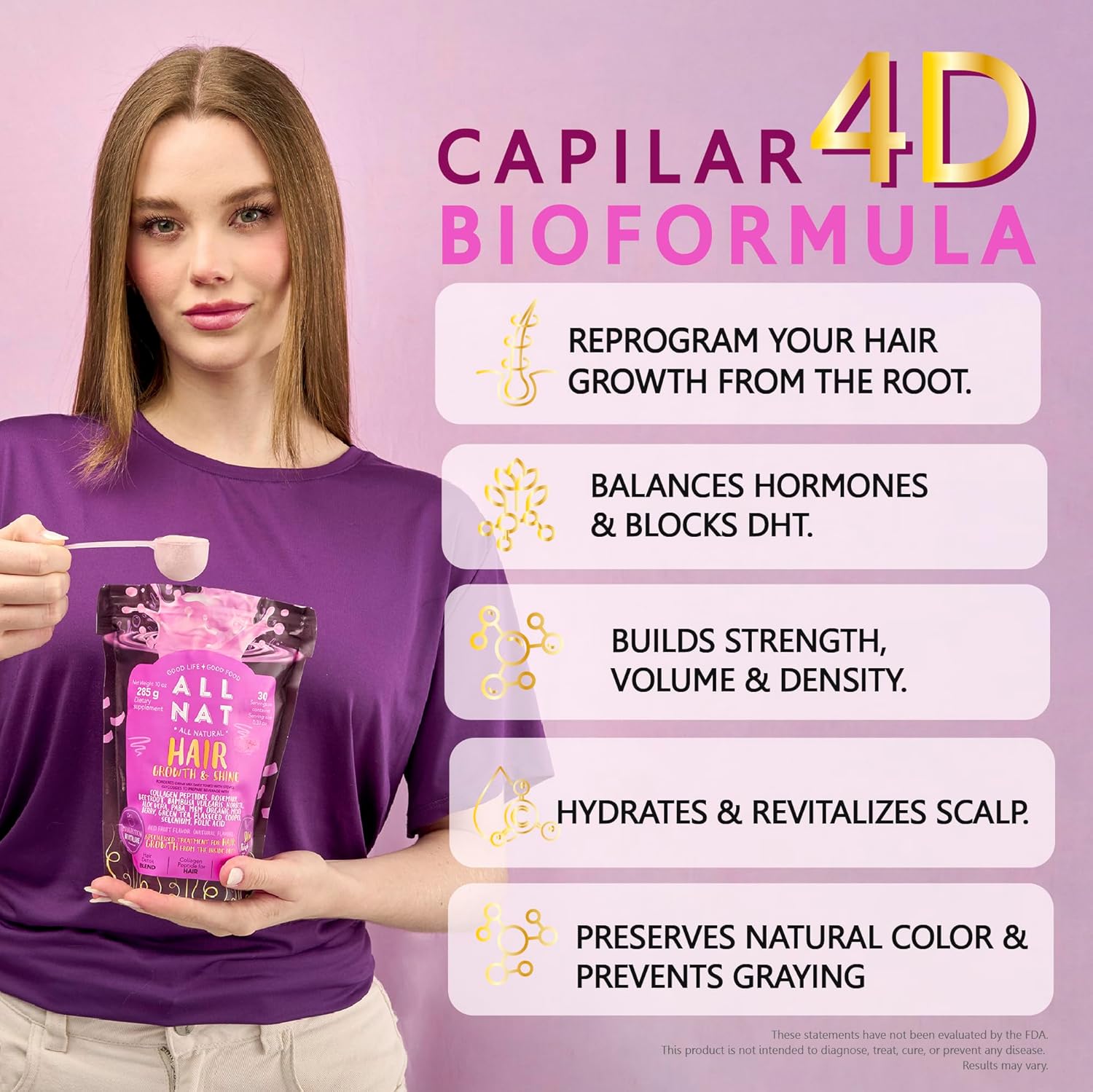 All NAT Hair Growth Powder Drink for Women & Men | Supports Stronger, Fuller-Looking Hair & Natural Shine | Collagen, Biotin & Botanical Blend Supplement | Vegan, Sugar-Free – 300g