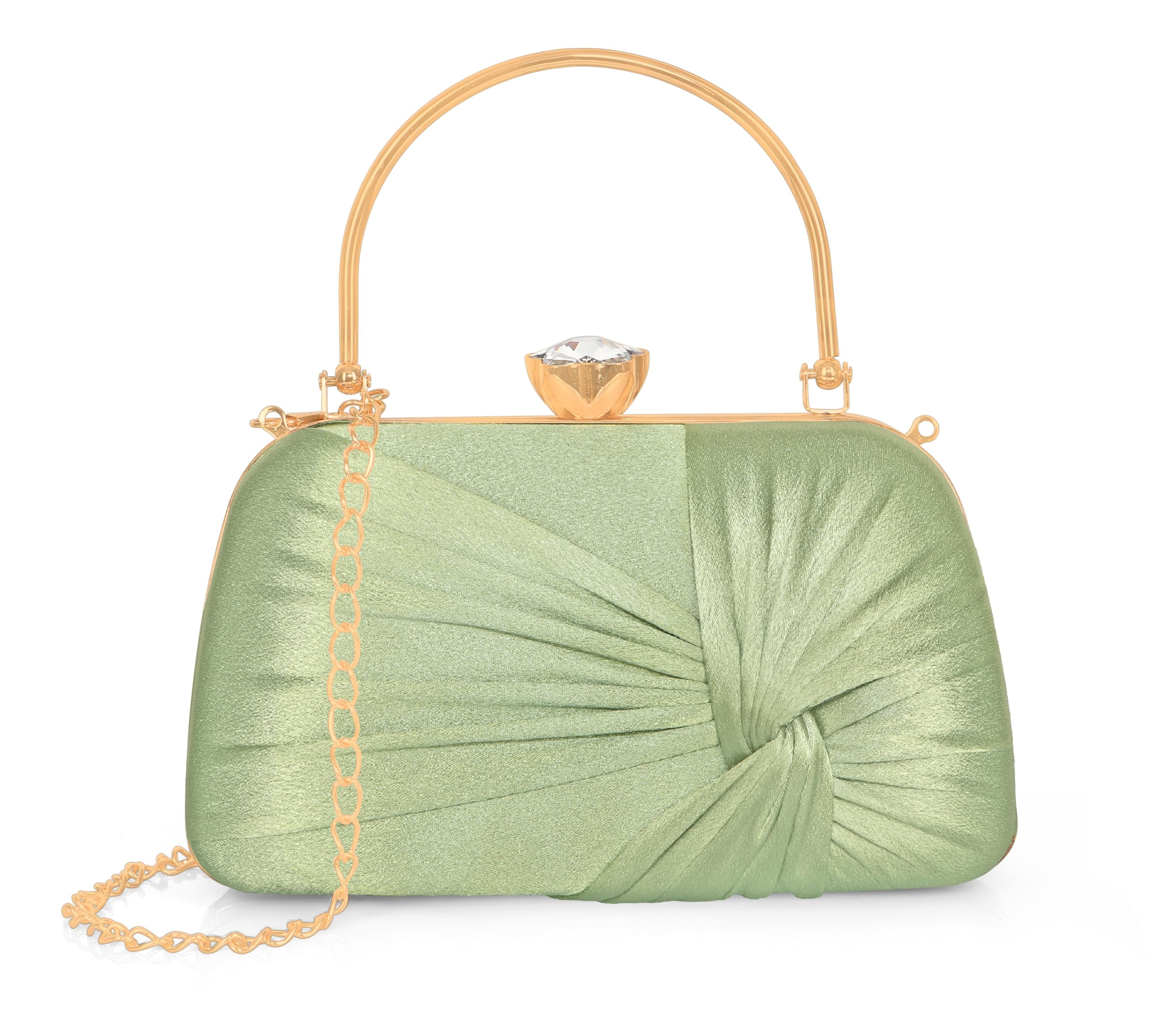 MISHA Glimmer Luxe Satin Evening Clutch with Detachable Chain Strap (GREEN)