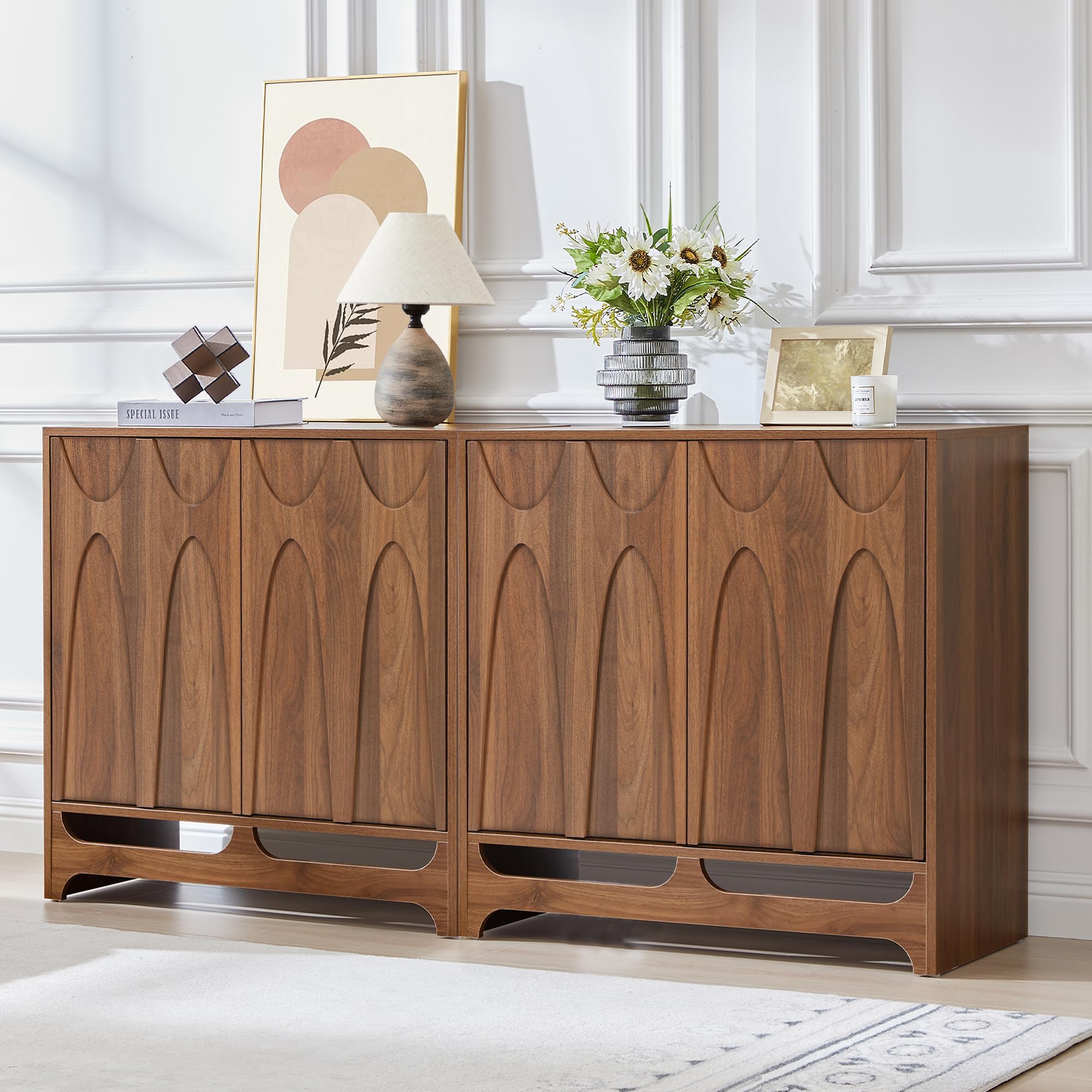 Bifins Sideboard Buffet Cabinet with Storage Set of 2, 63” Mid Century Modern Storage Cabinet with Adjustable Shelf and 4 Doors for Dining Room,