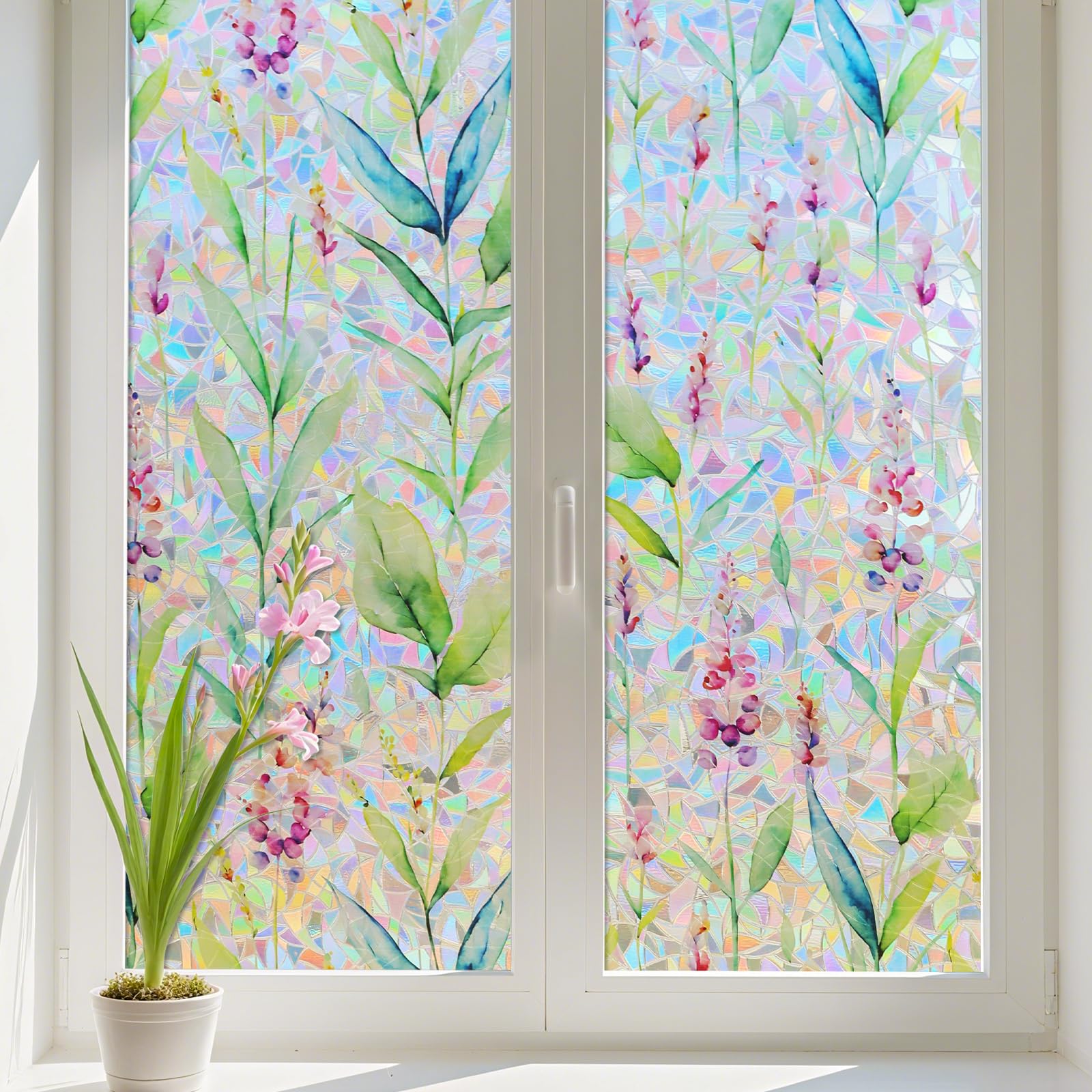 Conkov Window Privacy Film with Rainbow Effect, Tansparent Static Cling Stained Glass Film Self Adhesive, Removable 3D Decorative Window Cover for Home Office Glass, Gladiolus, 44.5 x 200 cm โ image 1