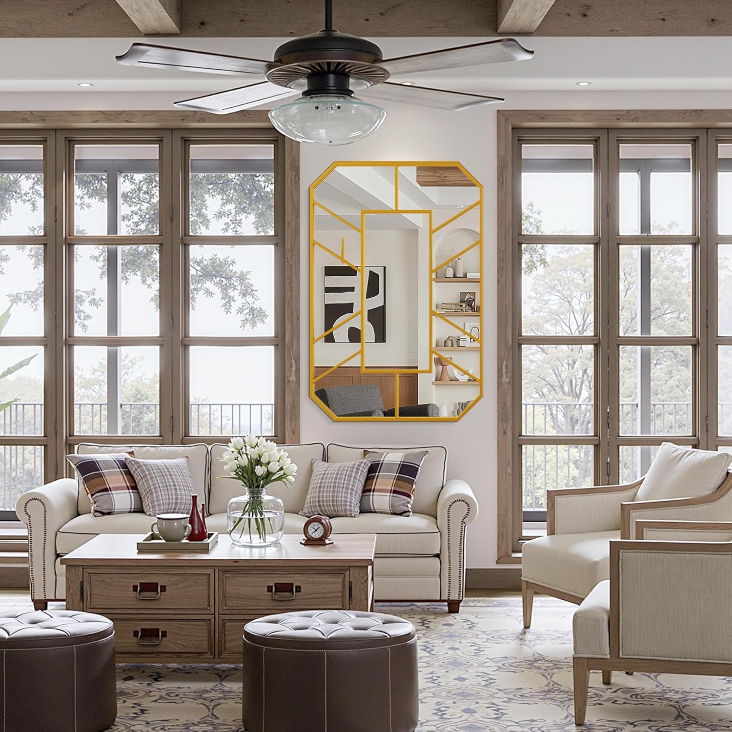 36x24 Inch Window Mirror, Farmhouse Windowpane Mirror Large Wall Mounted Decorative Window with Black Iron Frame, Bathroom, Bedroom, Entryway & Living Room Wall Decor，Gold