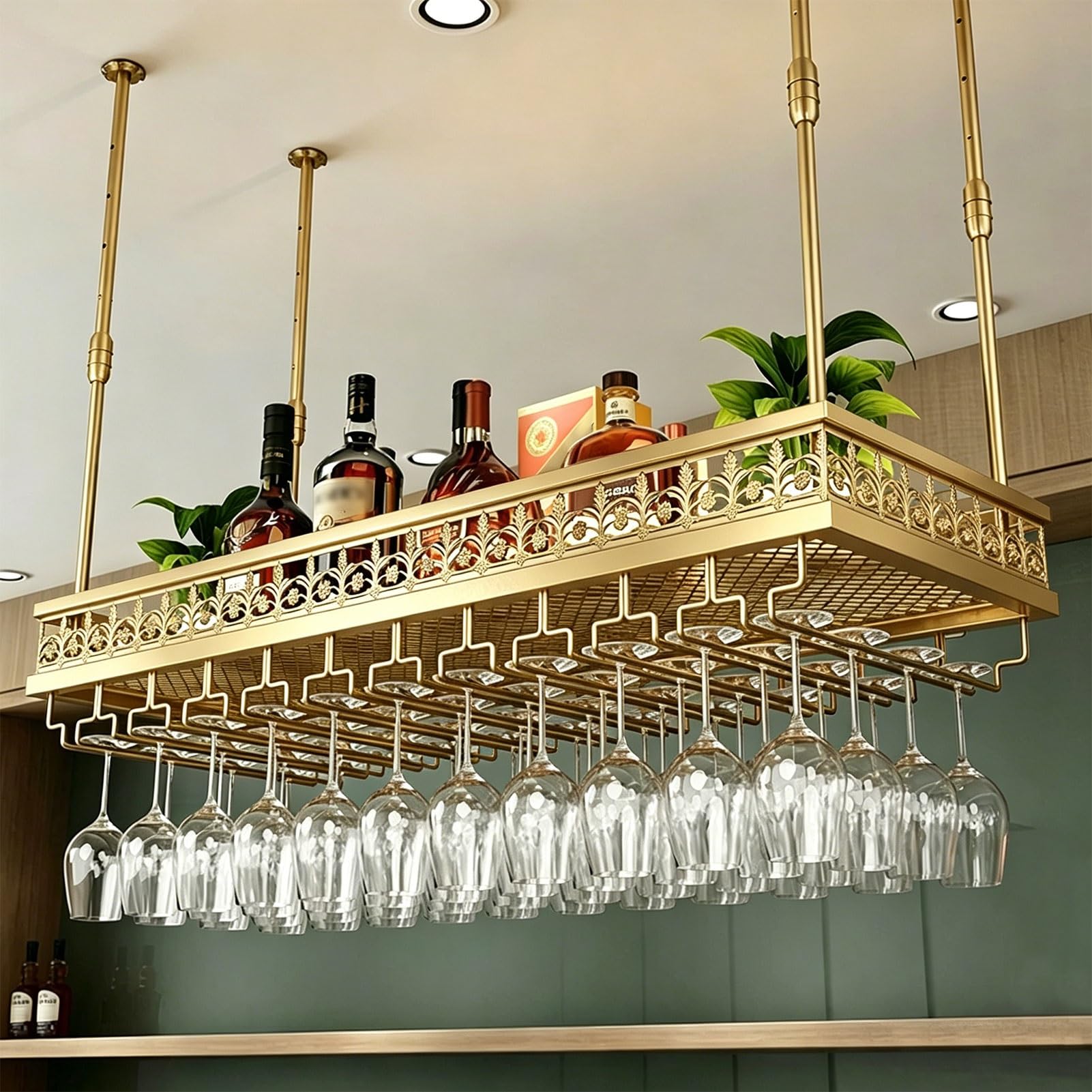 Estante de vino de techo, soporte colgante de metal, altura ajustable, estante de almacenamiento de botellas para sala de estar y cocina, diseño elegante