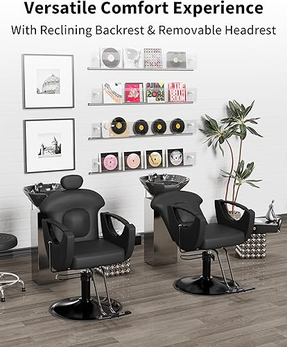 Miniatura 4 de Baasha Silla de peluquería reclinable, silla de salón dorada multiusos para estilista, silla giratoria de 360 grados, silla de champú resistente,