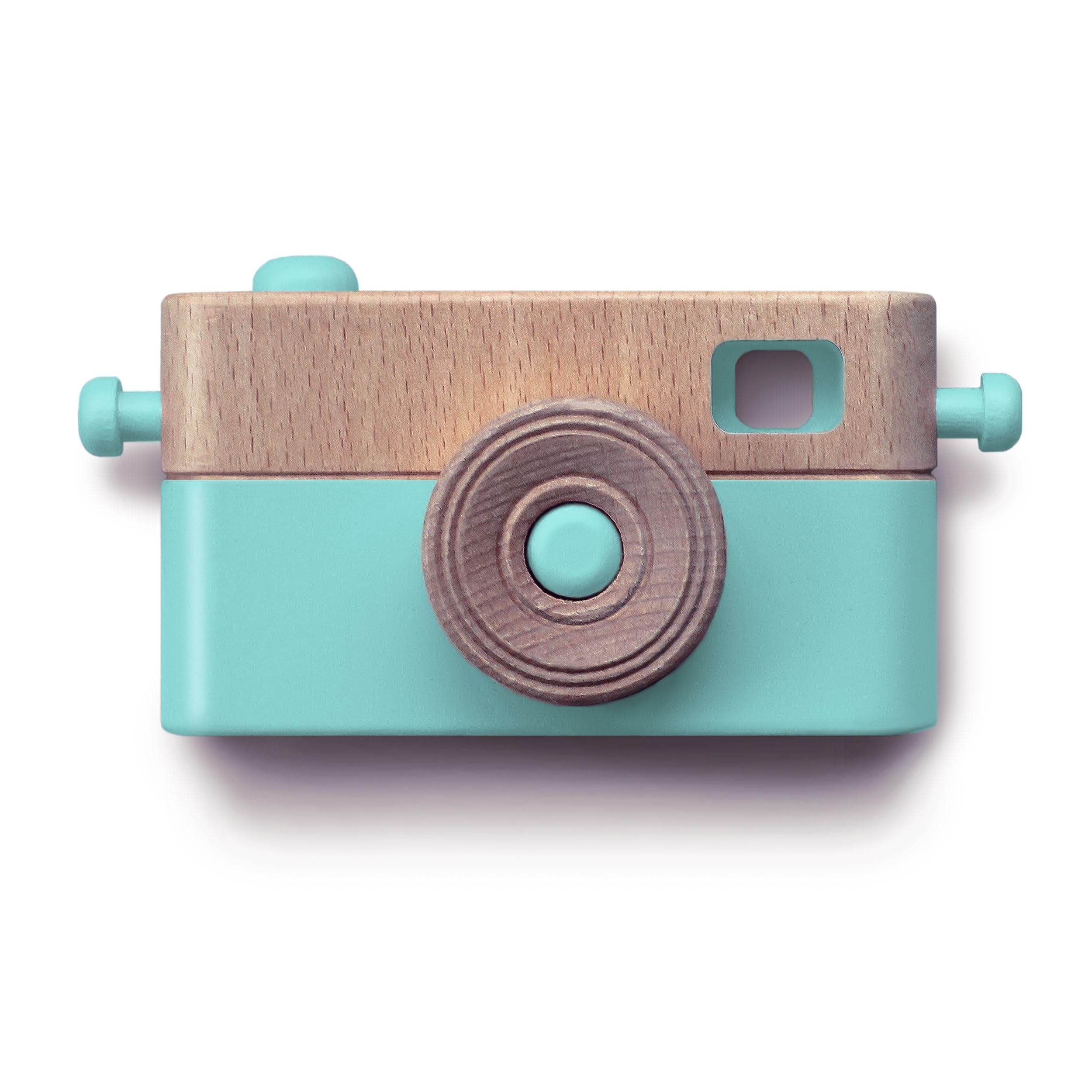 Wooden toy camera, Kids camera with rotating lens, blackboard and cotton strap (Light blue)