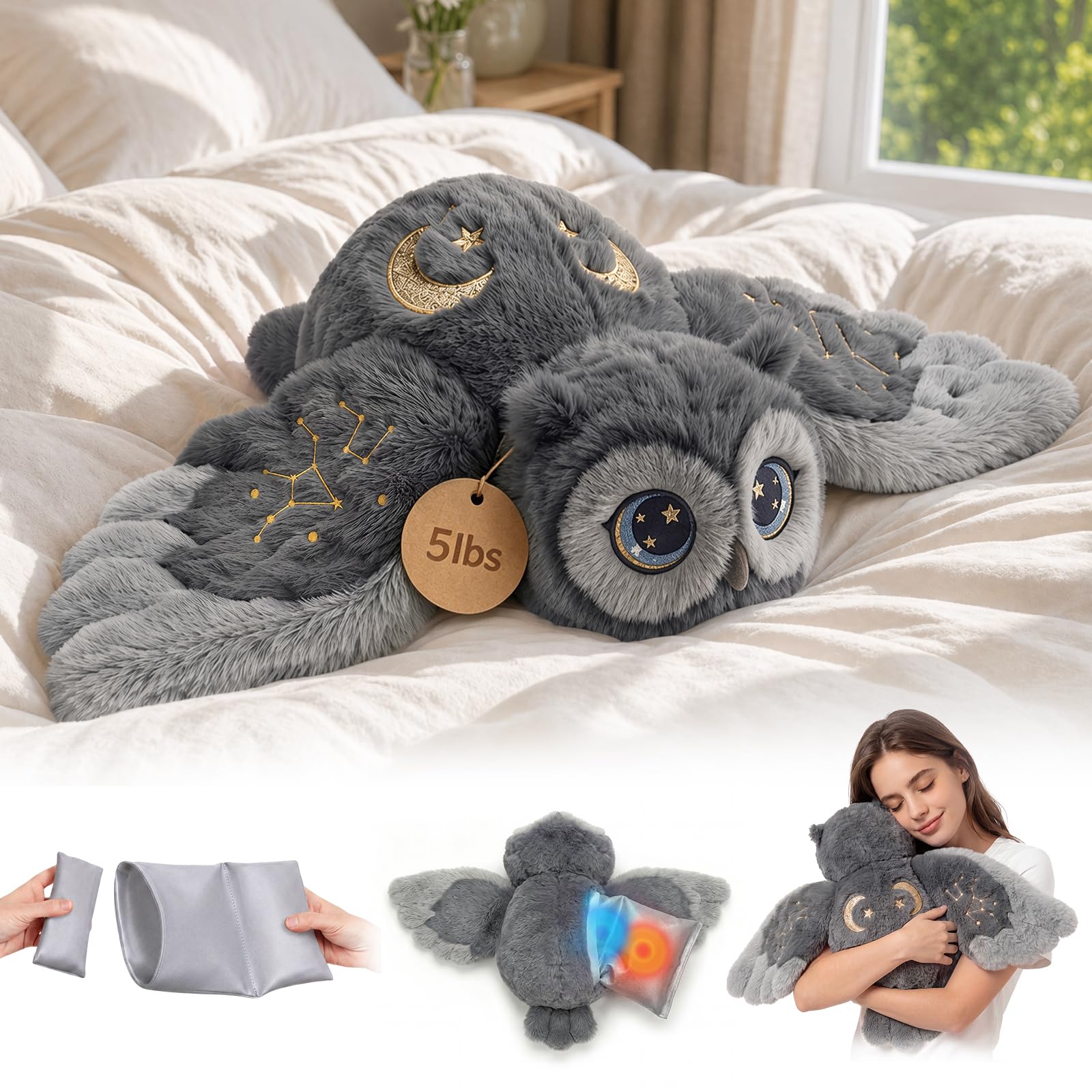 Mewaii Weighted Stuffed Animal Owl, 5 lbs Microwavable Heated Plushie with Removable Fire-Retardant Fabric Inner Pouch