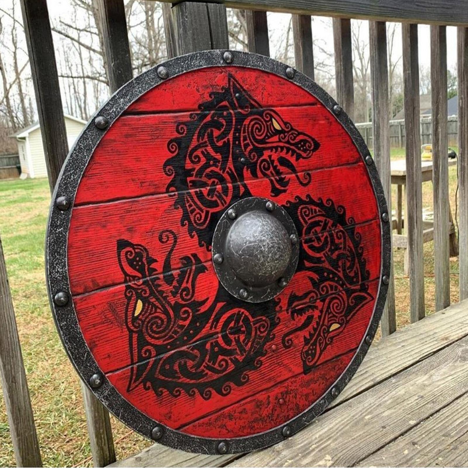 Bouclier vikinng - Bouclier rond | Bouclier médiéval de taille adulte de l’ère vikinng fait à la main | Bouclier médiéval cosplay en bois | Bouclier de guerrier de combat | Bouclier prêt au combat fab