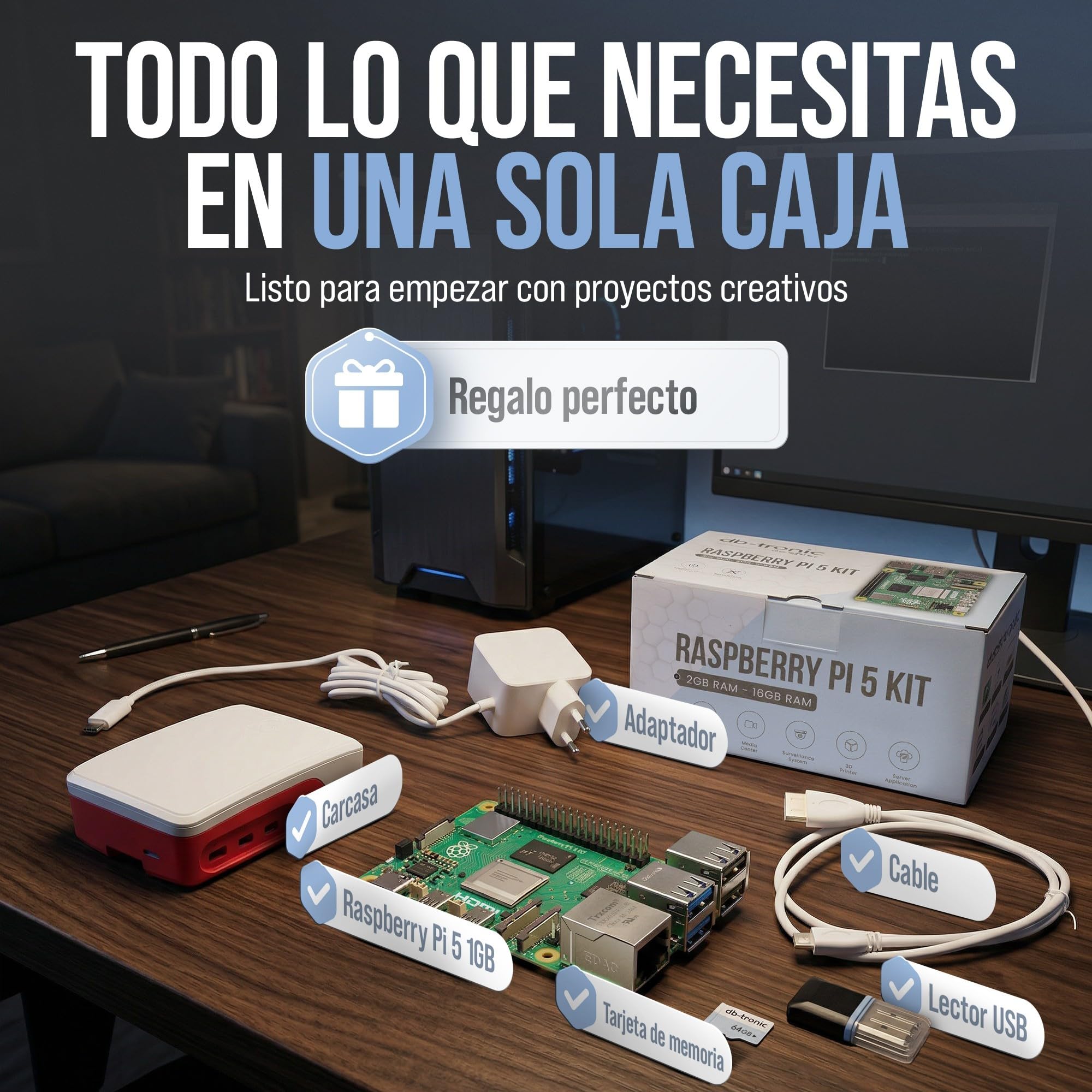 db-tronic Raspberry Pi 5 1 GB Starter Kit | Edición 64 GB | Alimentación 27 W | Carcasa con Ventilador | Micro HDMI 4K | Disipador | Ideal para Home Assistant y el Smart Home