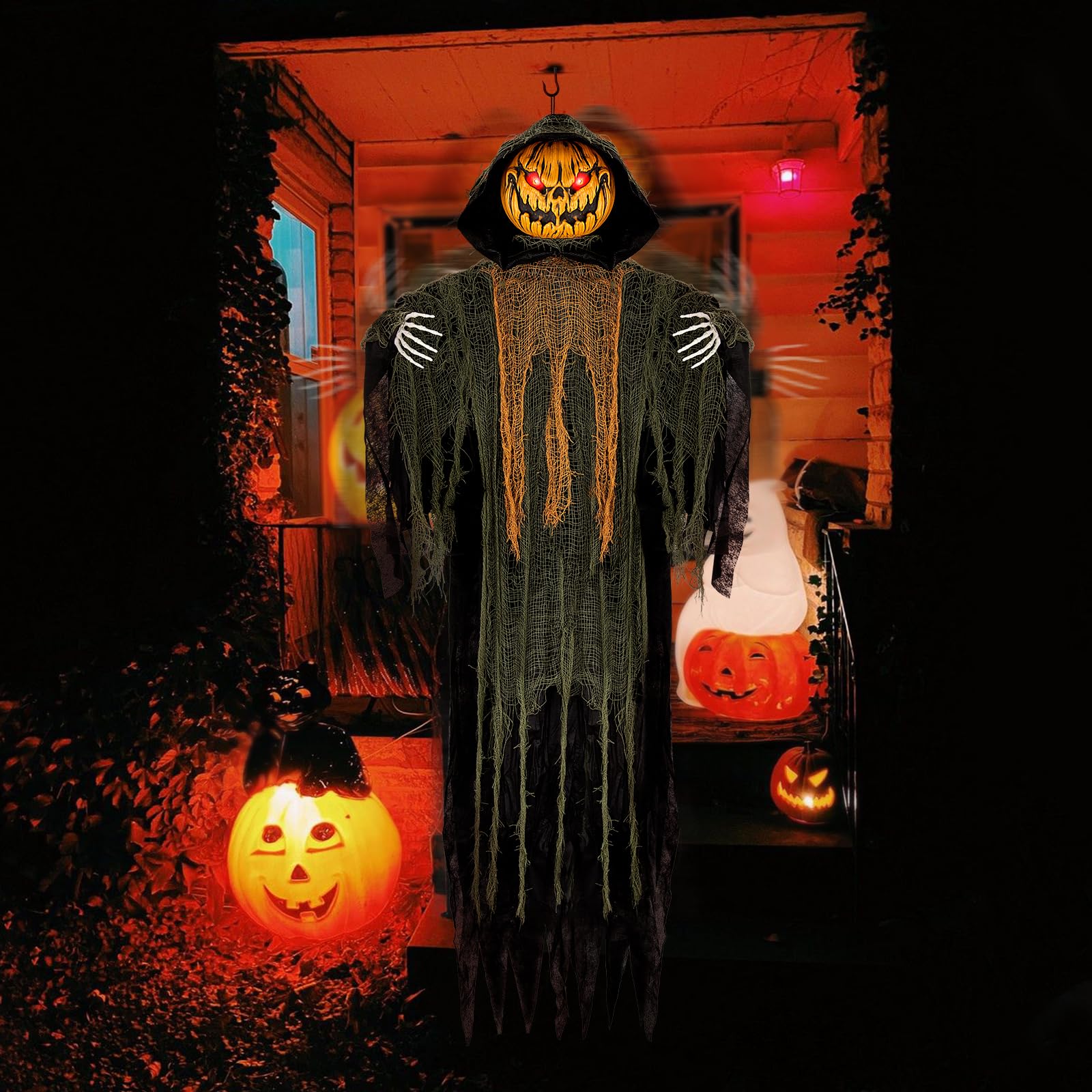 Wisząca animatroniczna dekoracja dyni na Halloween, 150 cm, z aktywowanym dźwiękiem, świecącymi oczami, upiornymi dźwiękami i ruchem, idealna do dekoracji nawiedzonego domu, na trawnik, imprezę