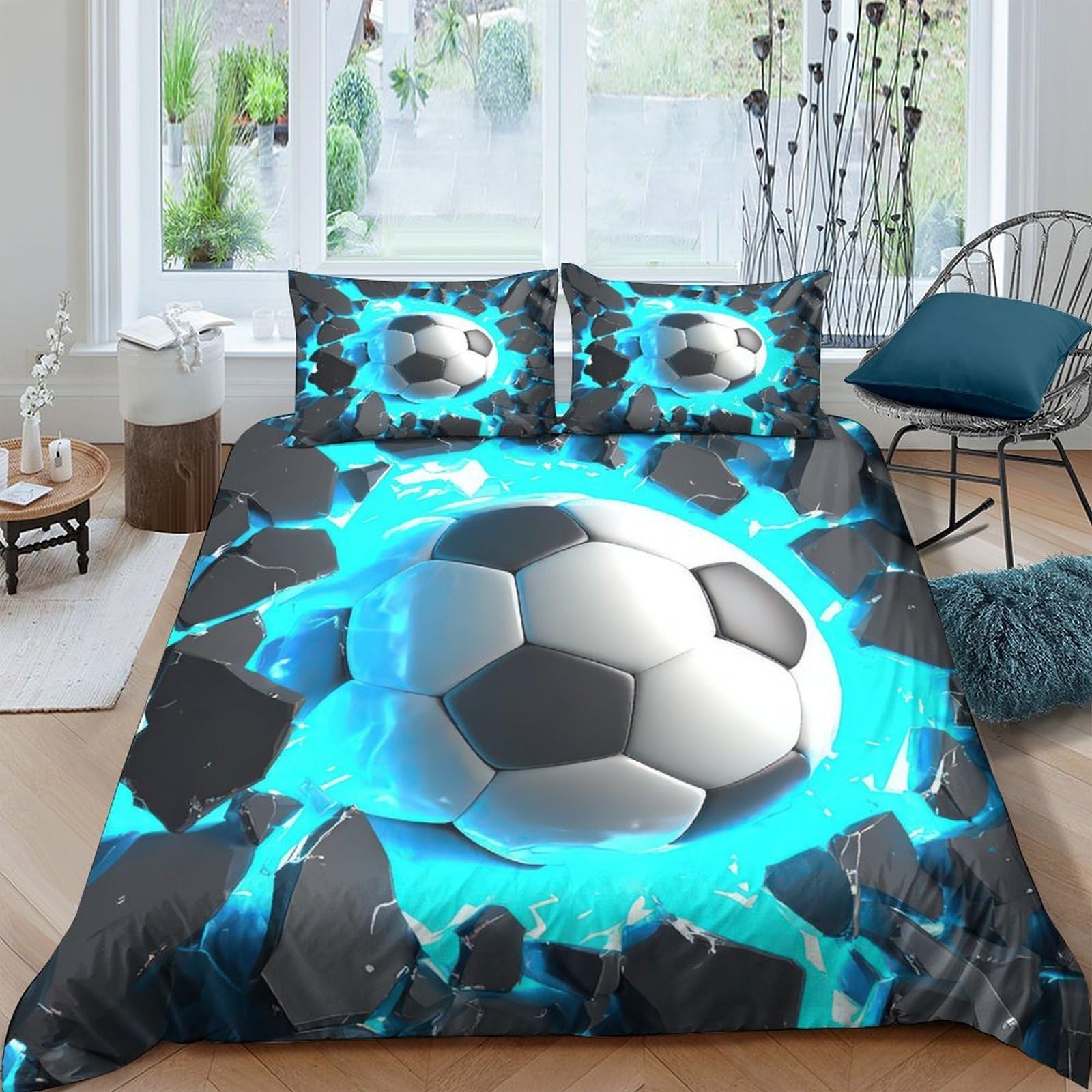 GPLZQXKJNH 3D Printed Soccer Explosion Duvet Cover Microfiber Single Double King Set with 2 Pillowcases, Blue Sports Bedding for Bedroom Home Single（135x200cm）