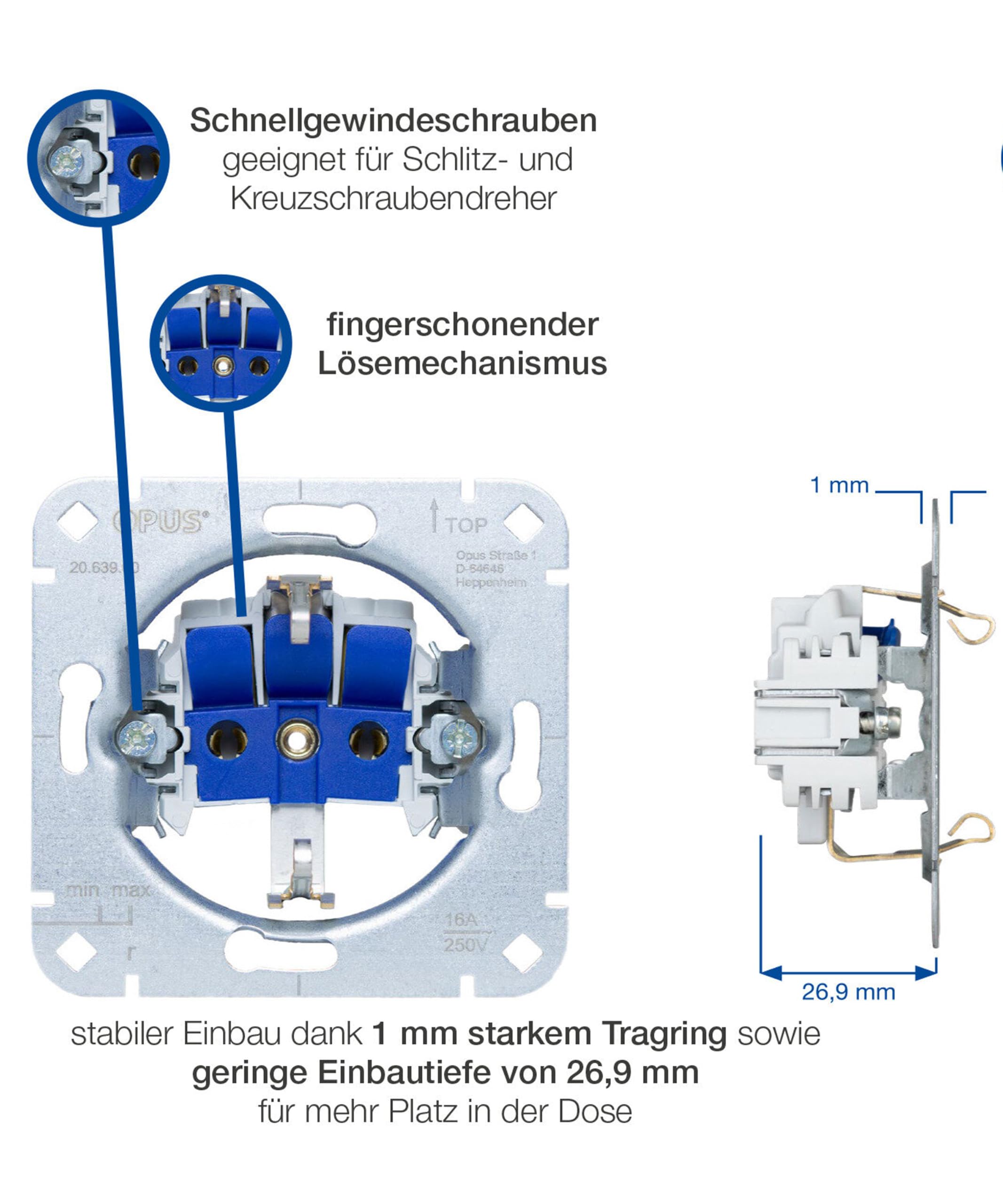 JÄGER OPUS KUBUS 1x Schuko Steckdose und 1x Universalschalter Aus/Wechsel mit Wippe und 2-fach Rahmen, erhöhter Berührungsschutz, 250 V 16 A und 10 A, 55 mm System, Unterputz, Polarweiß matt