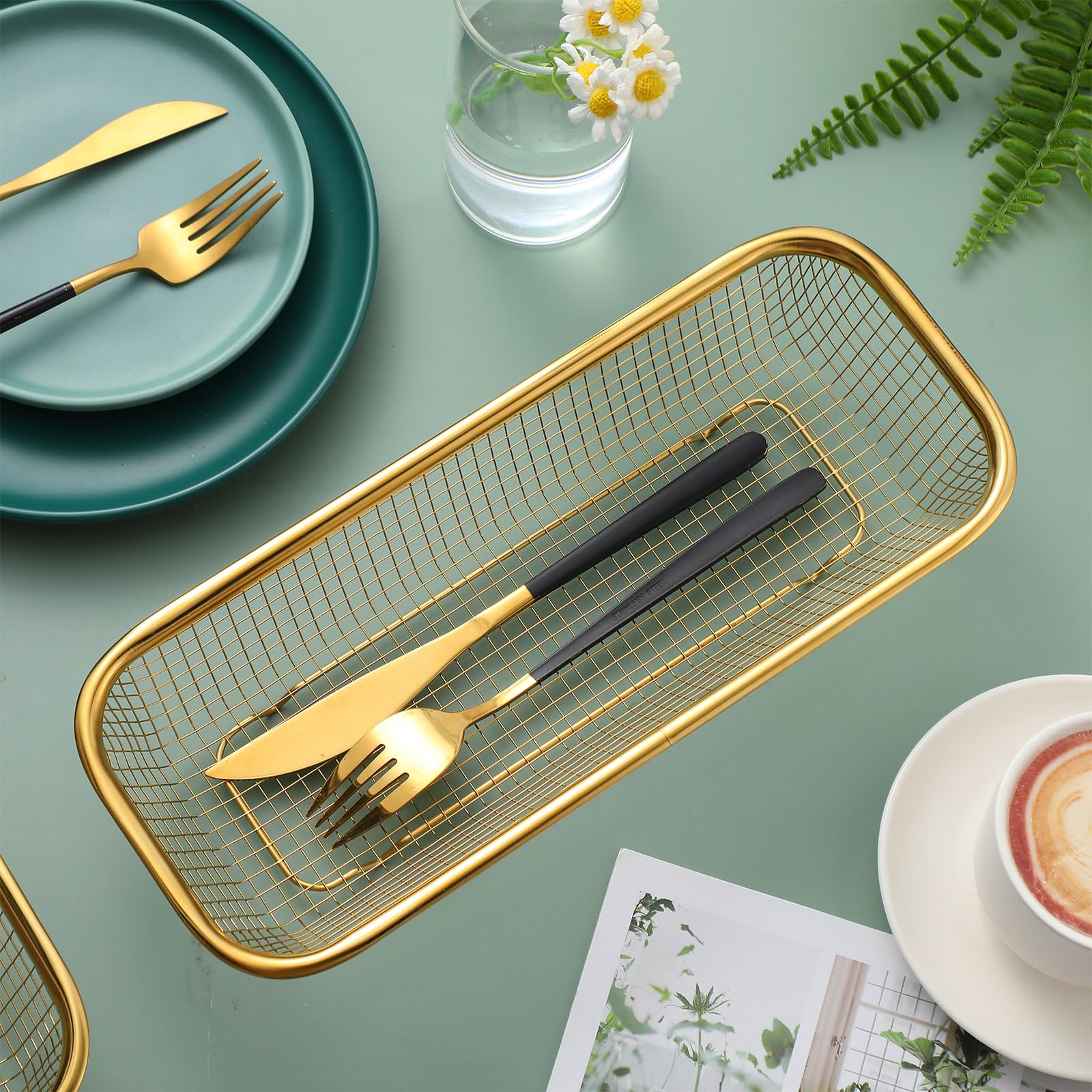 4 cestas doradas para cajones de cocina de acero inoxidable, contenedor de almacenamiento de malla, soporte dorado para utensilios de cocina, cesta de alambre apilable, 12 x 5 x 2 pulgadas 3