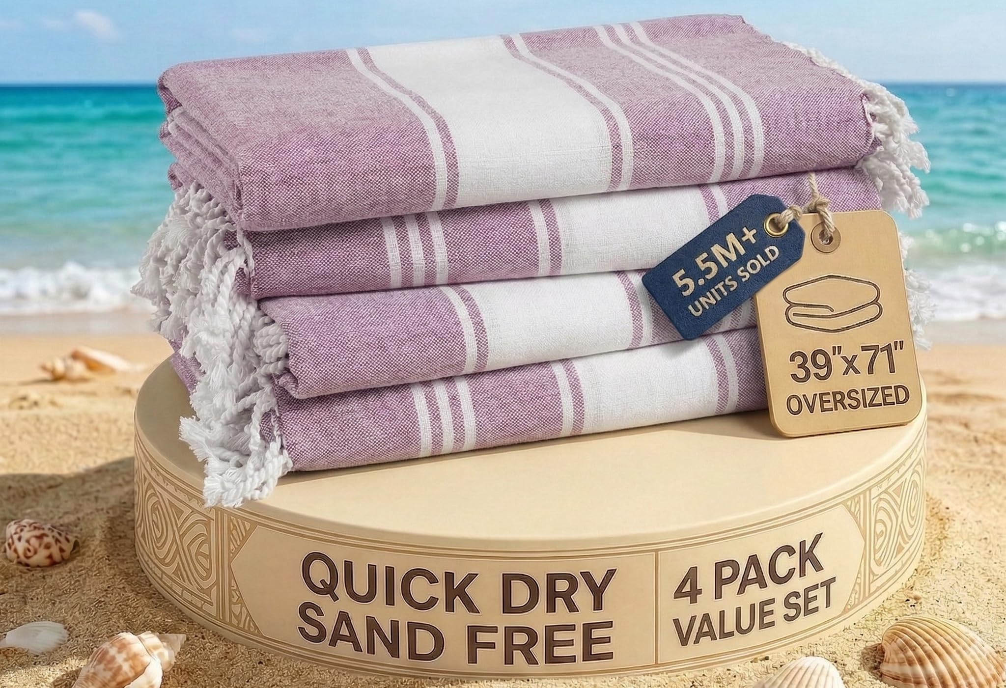 LANE LINEN Beach Towels 4 Pack Oversized - Turkish Towel Set, Pre-Washed Oversized Beach Towel, Quick Dry Beach Towels for Travel, Beach Towel Large,