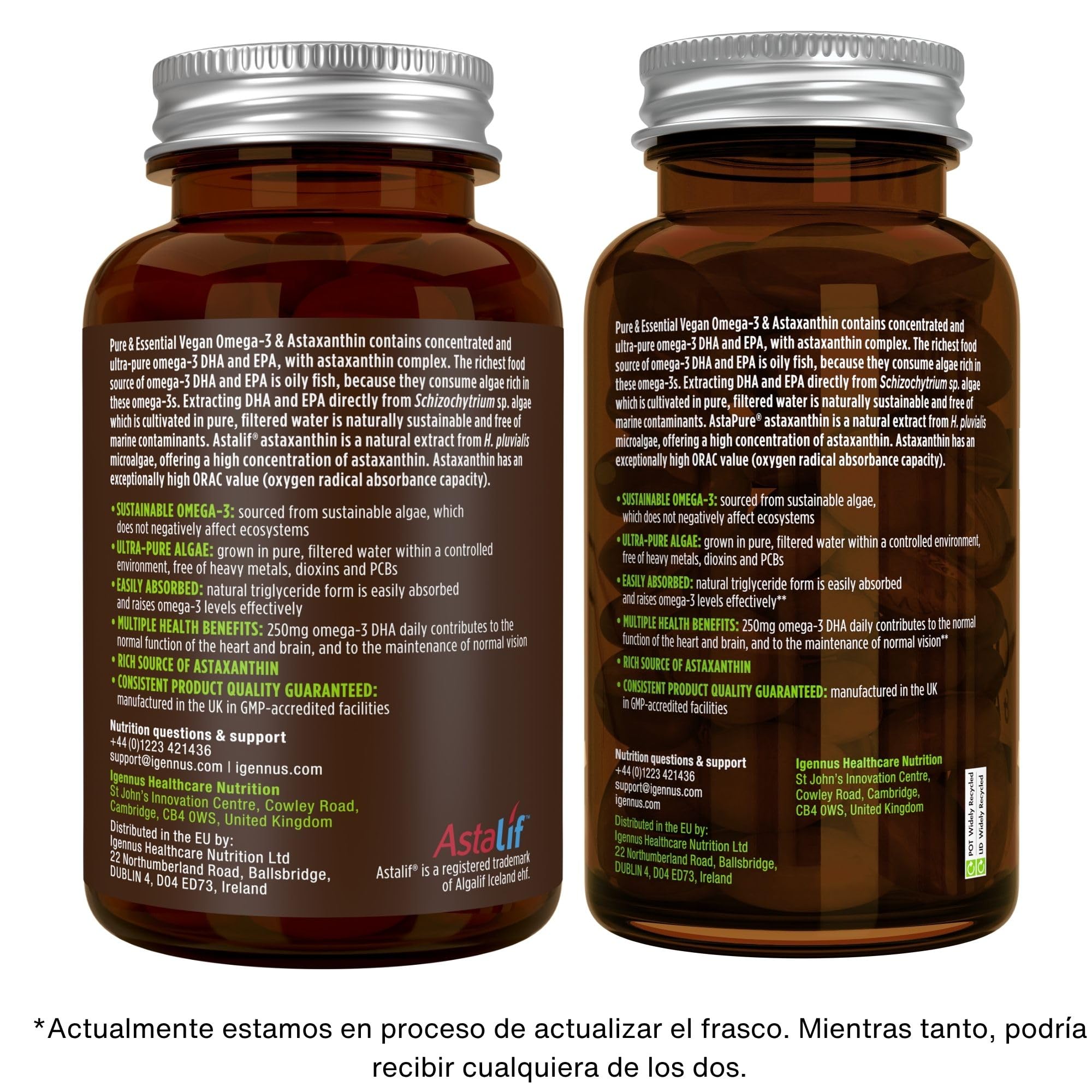 Omega 3 Vegano, Aceite de Algas & Astaxantina, 1344 mg Omega 3 Certificado, 180 Cápsulas Blandas, (DHA 400 mg + EPA 600 mg), Ingredientes Puros, Softgels fáciles de tragar, de Igennus