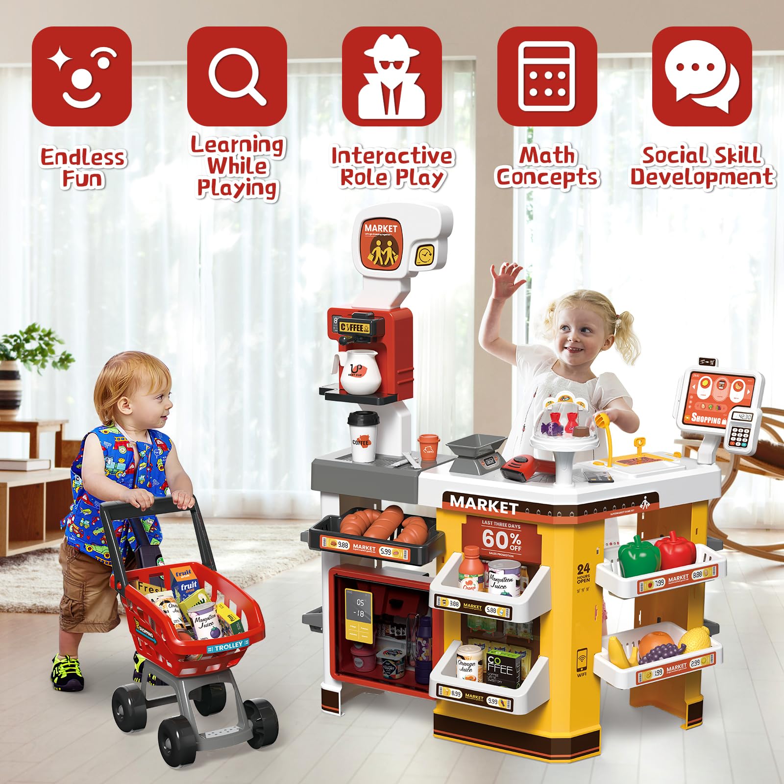 deAO Supermercado Juguete con Carrito Compra, Caja Registradora con Scanner y Lector de Tarjeta, Tienda Infantil Incluido 65PCS Accesorios Fruta, Jugar Dineroetc etc. para Niños a Partir de 3 años