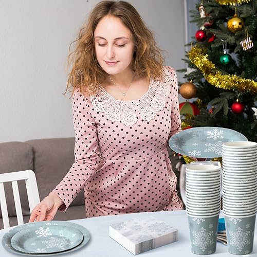 Miniatura 7 de Jinei Juego de vajilla desechable de Navidad de 250 piezas para 50 invitados, platos de papel y servilletas de Navidad, vasos desechables, vajilla