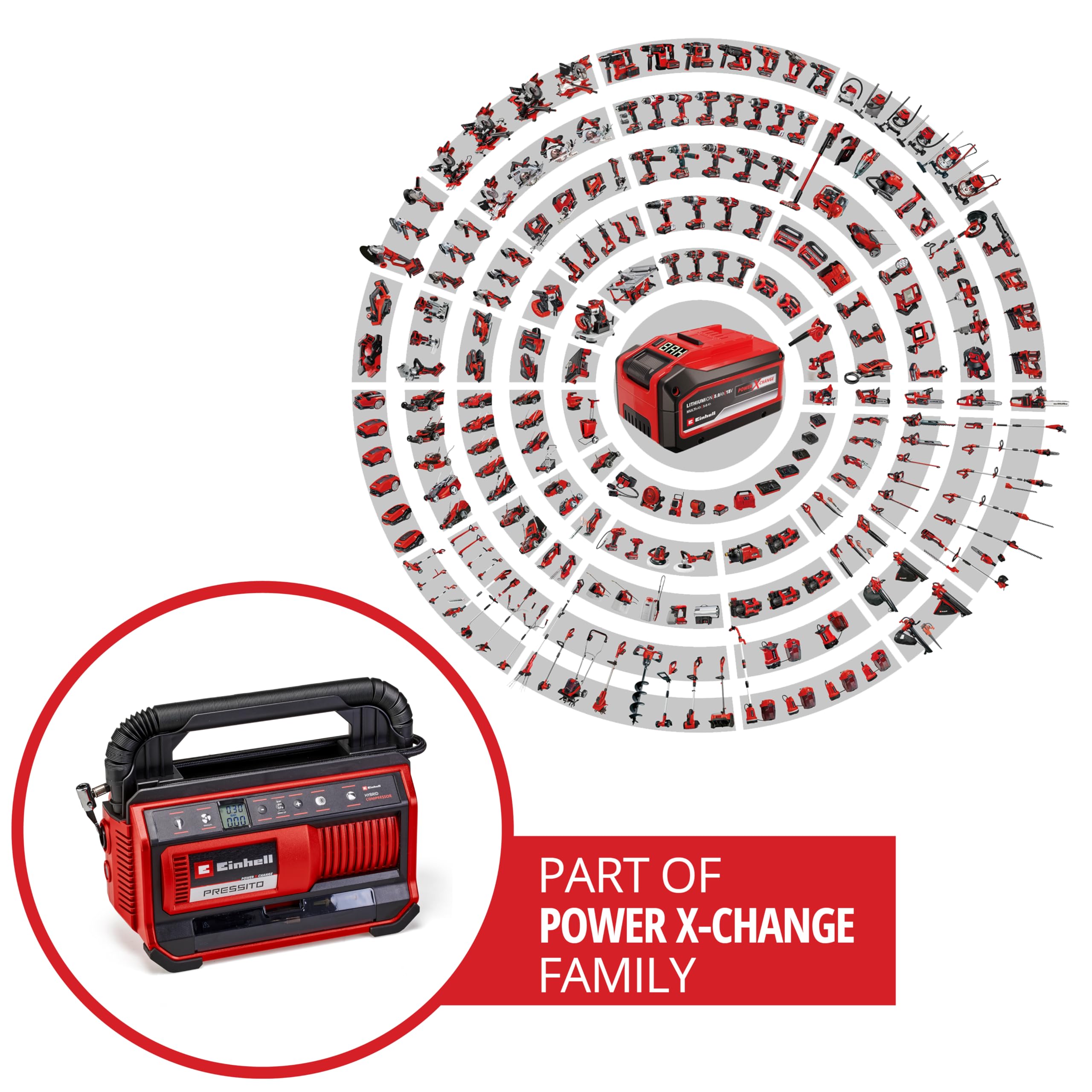 Einhell Compresseur hybride PRESSITO 18/25 Hybrid Power X-Change (18 V, 11 bar max., kit de 3 adaptateurs inclus) Livré sans Batterie ni Chargeur