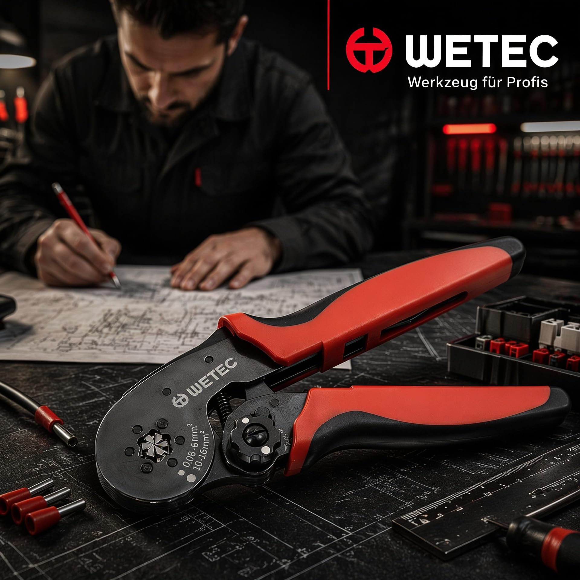 WETEC Alicates de prensado (alicates de terminales, crimpadora FLEXI-CRIMP). Forma de prensa: hexagonal (hexagonal)/rango de prensado: 0,08 – 16 mm², alimentación lateral del manguito