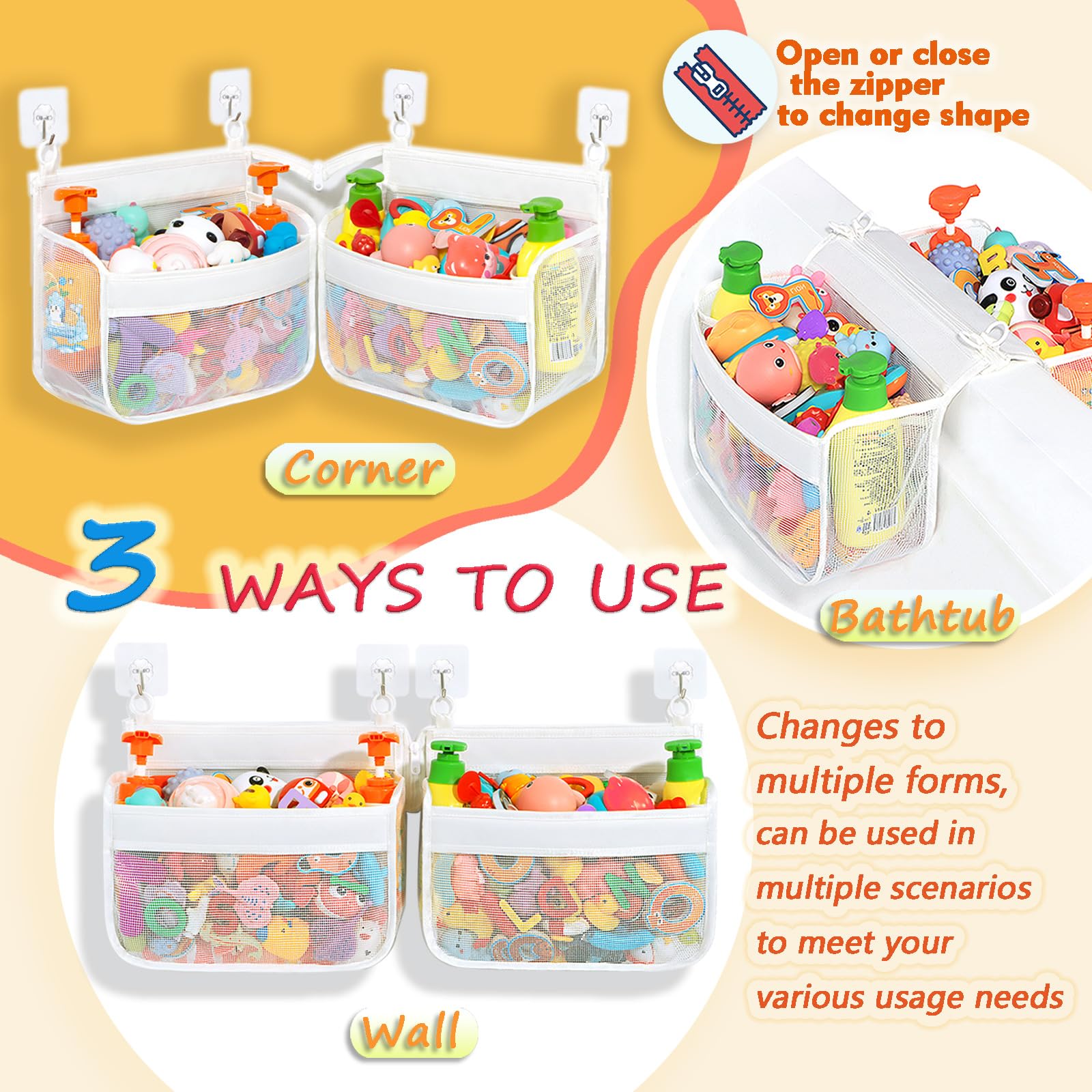 BOMPING Multipurpose Bath Toy Holder for Bathtub - Corner & Wall Mount Tub Toy Storage Organizer, White Mesh Bath Toy Organizer Dries Fast, Holds Baby Bath Toys & Bath Wash