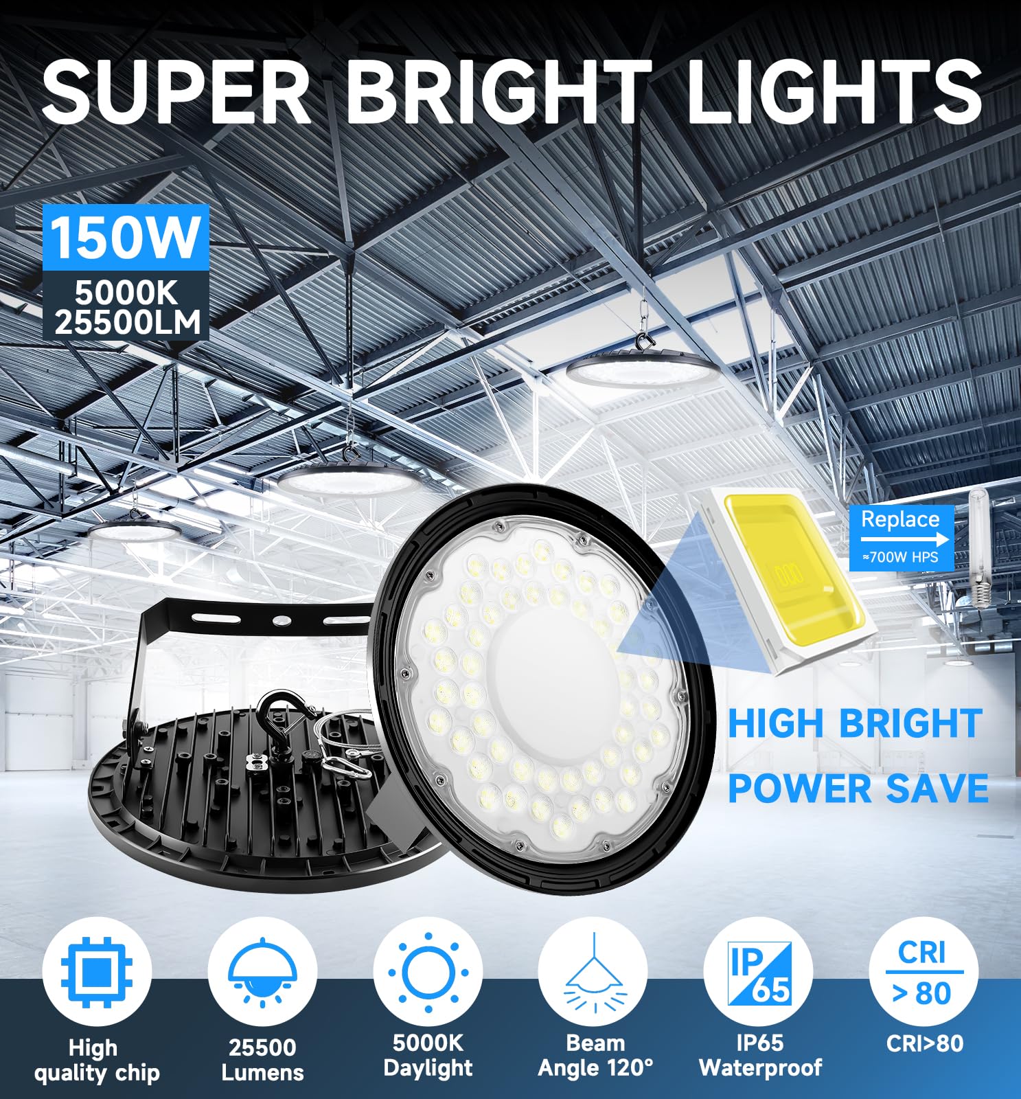 UFO LED High Bay Light 150W 25500LM Led Shop Lights with 5ft Cord U Bracket for Warehouse Workshop — view 2