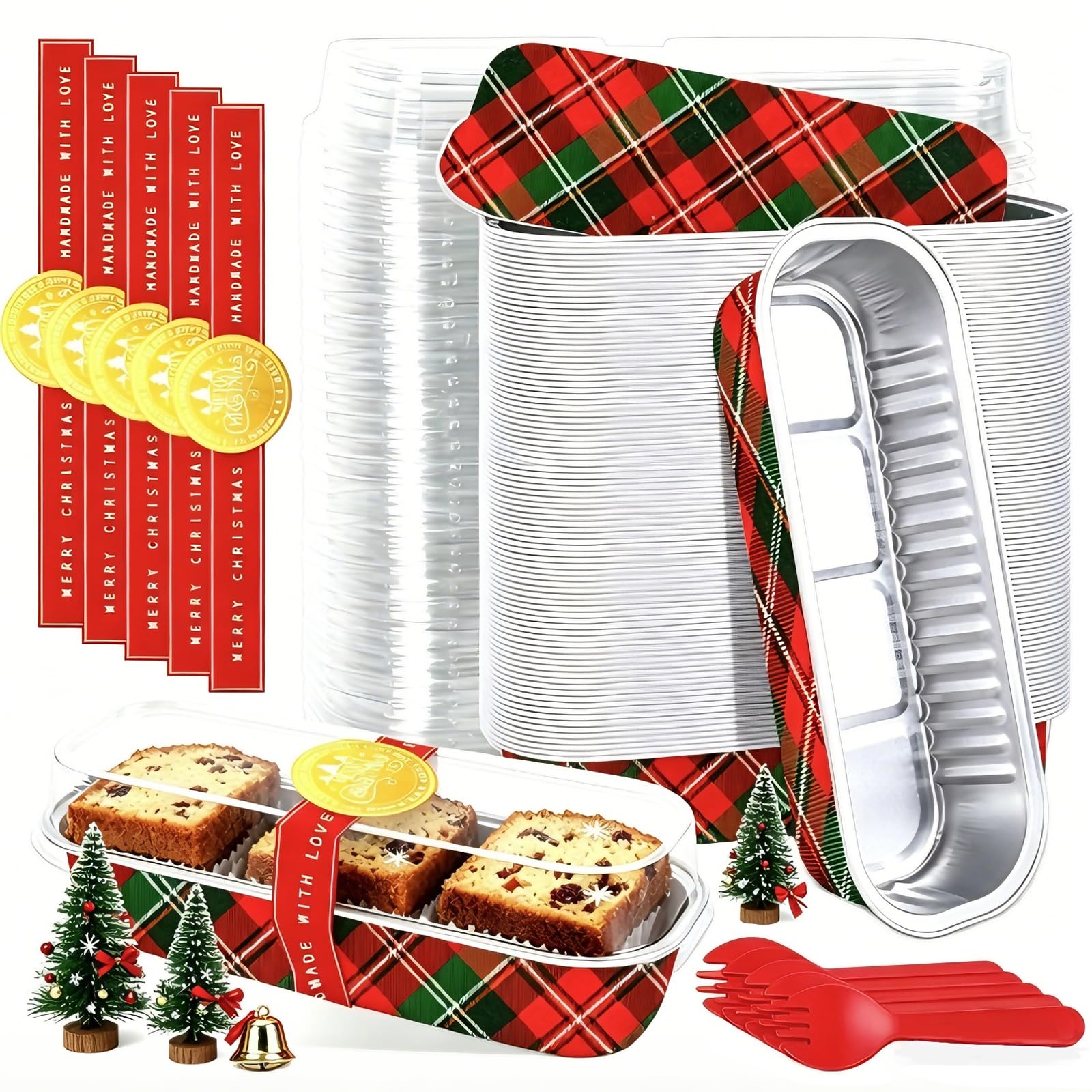 FYSUIMU 100 mini moldes de Navidad para pan con tapas y tenedores, mini moldes a cuadros de búfalo a cuadros, recipiente rectangular de papel de aluminio de 6.8 onzas, para hornear magdalenas