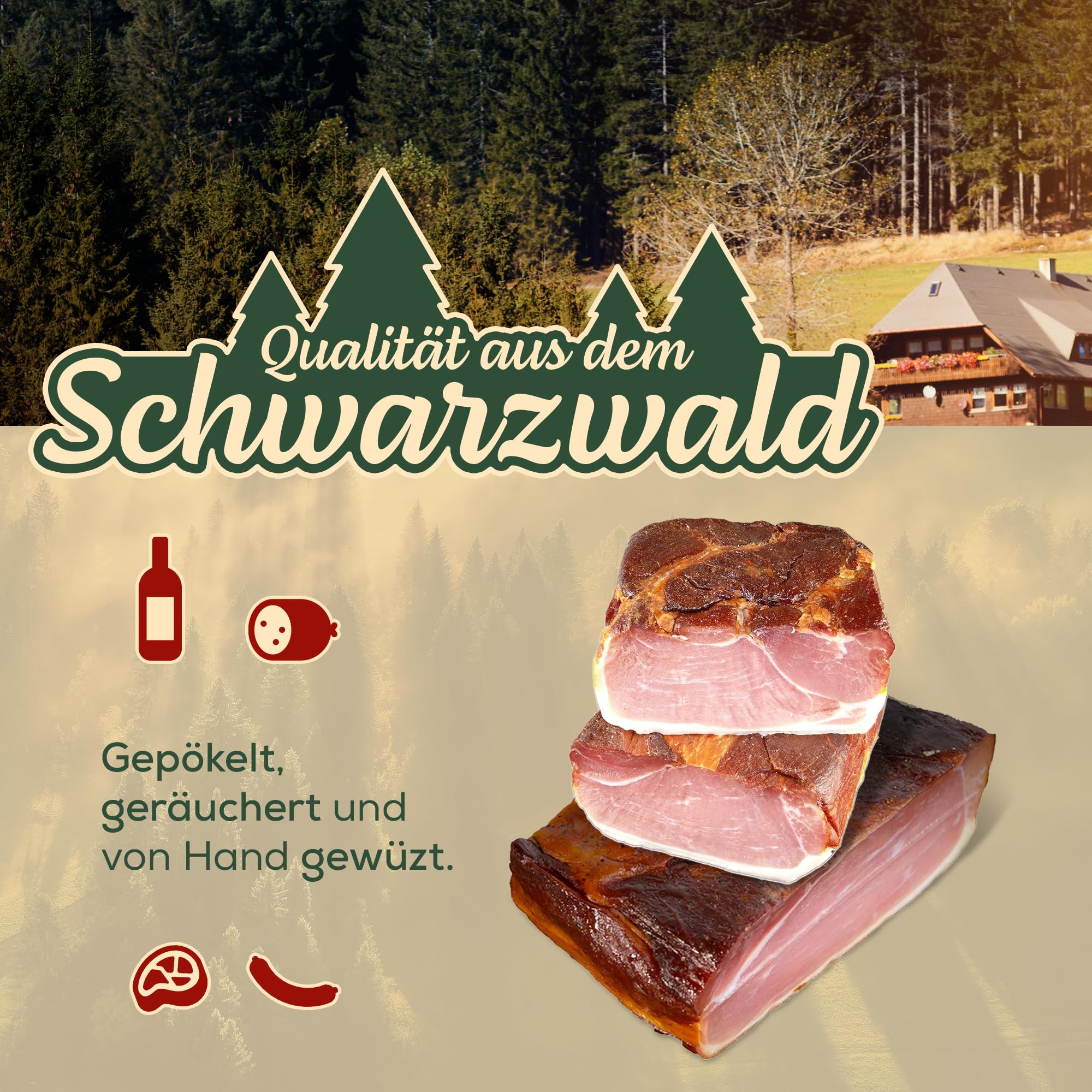 Schwarzwald Metzgerei – Schwarzwälder Schinken am Stück mit herzhaft rauchigem Aroma – Räucherschinken nach Schwarzwälder Tradition (500g)