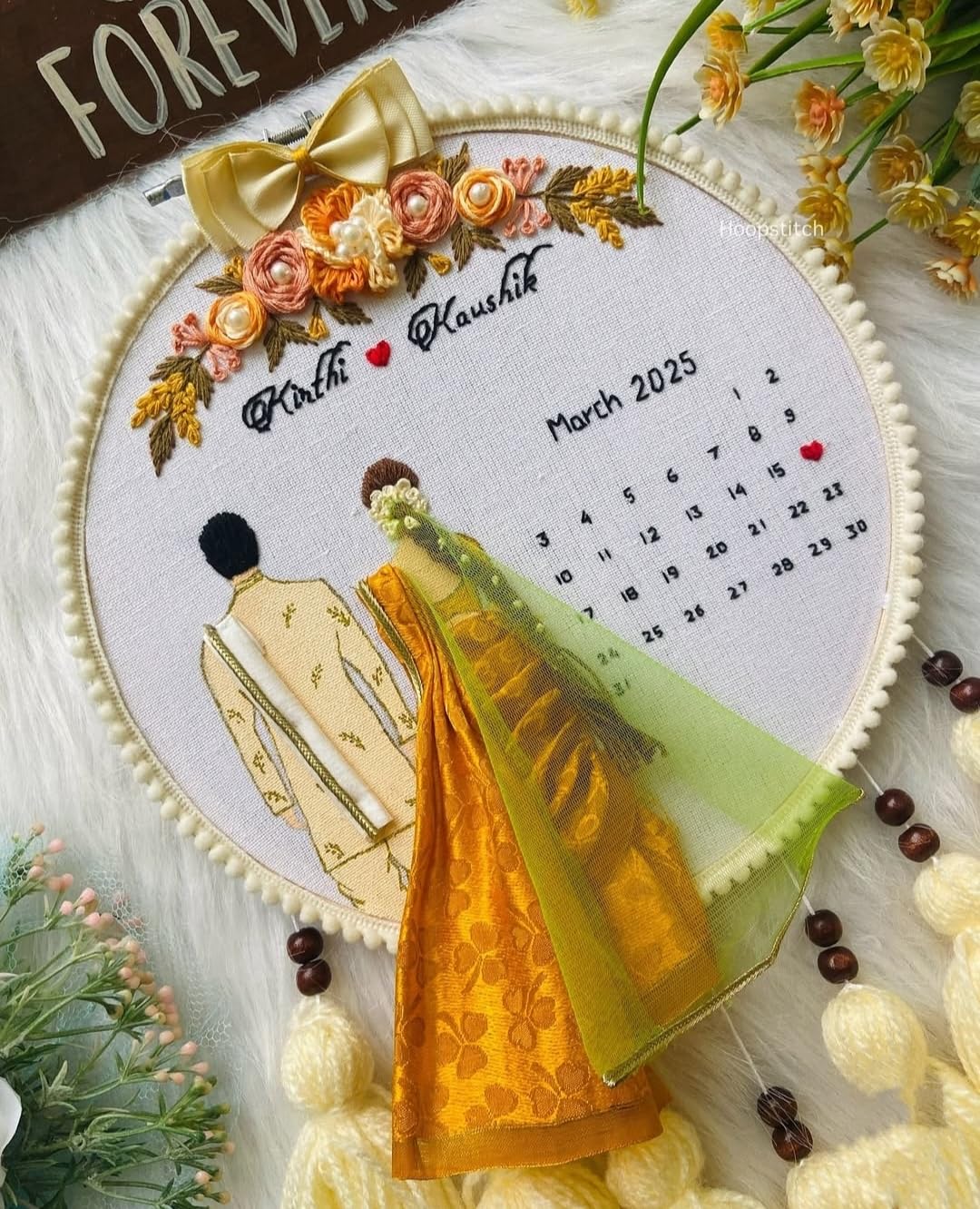 Stitch Your Type - Customized Traditional South Indian Indian Wedding Embroidery Hoop in White for Couples | Wedding, Anniversary Gift (10 Inches)-image-9