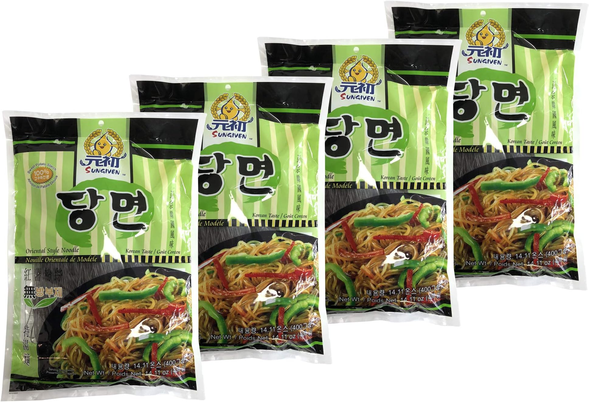 SUNGIVEN Sweet Potato Glass Noodles, Korean Vermicelli Pasta, Fat-free and Gluten-free, 100% Sweet Potato Starch, No Additive, No Alum inside, 14.11 Ounce （Pack of 4）