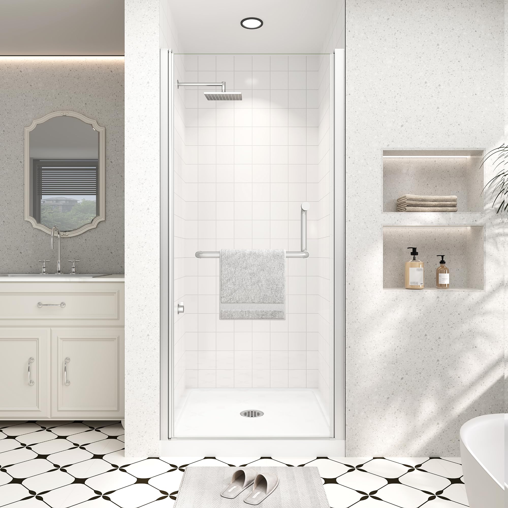 Photo 1 of Frameless Pivot Shower Door 34"-36" Wx72 H,1/4"(6mm) Clear Nano Coated (SGCC) Tempered Glass,Reversible Swing Shower Door for Walk-in Shower,Modern Brushed Nickel Finish