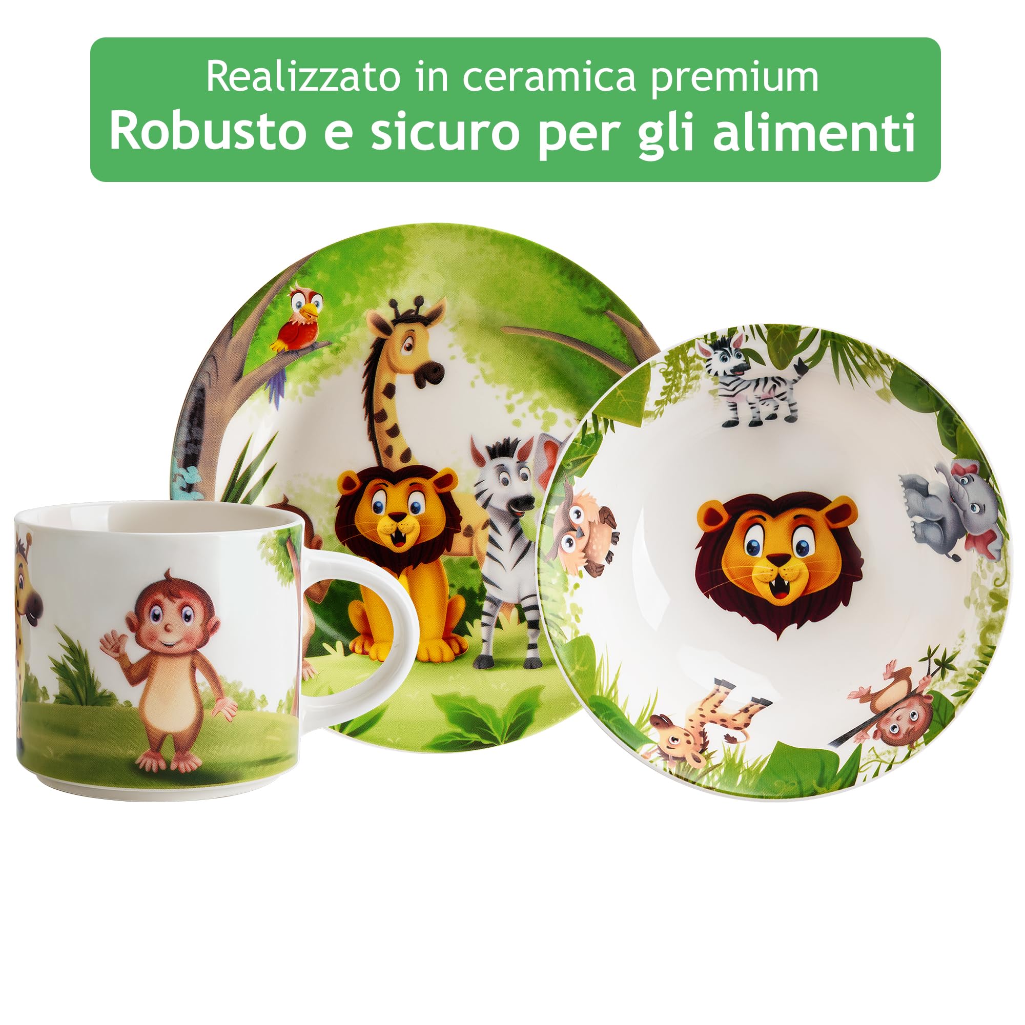 MIAMIO - Set di 3 stoviglie per bambini/piatti per bambini, set di piatti per bambini, set di stoviglie per bambini - include piatti, ciotole e tazze - per bambini e bambini piccoli (Giungla)